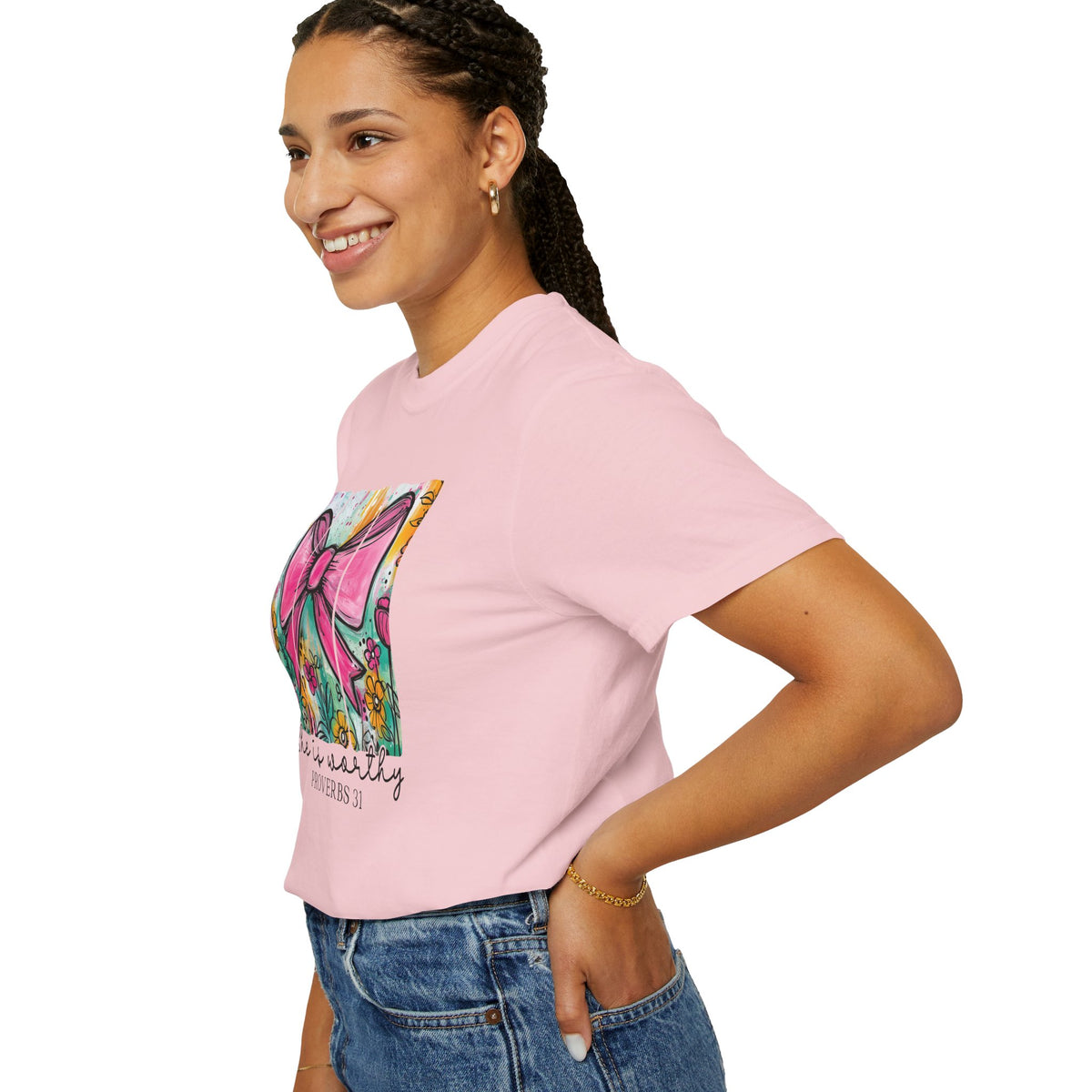 Pink Bow Floral Illustration Tee Shirt | She is Worthy Proverbs 31 Christian Tee