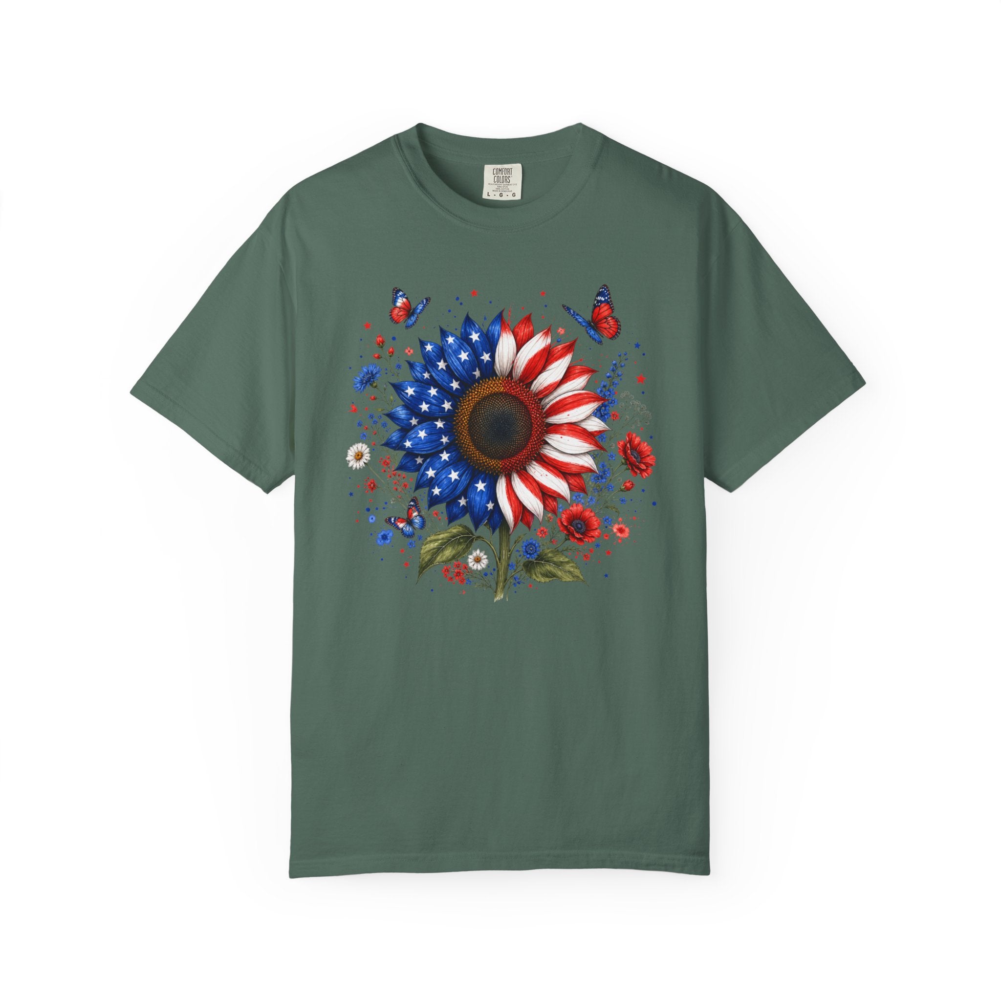Patriotic Sunflower T Shirt American Flag Floral Tee Fourth of July