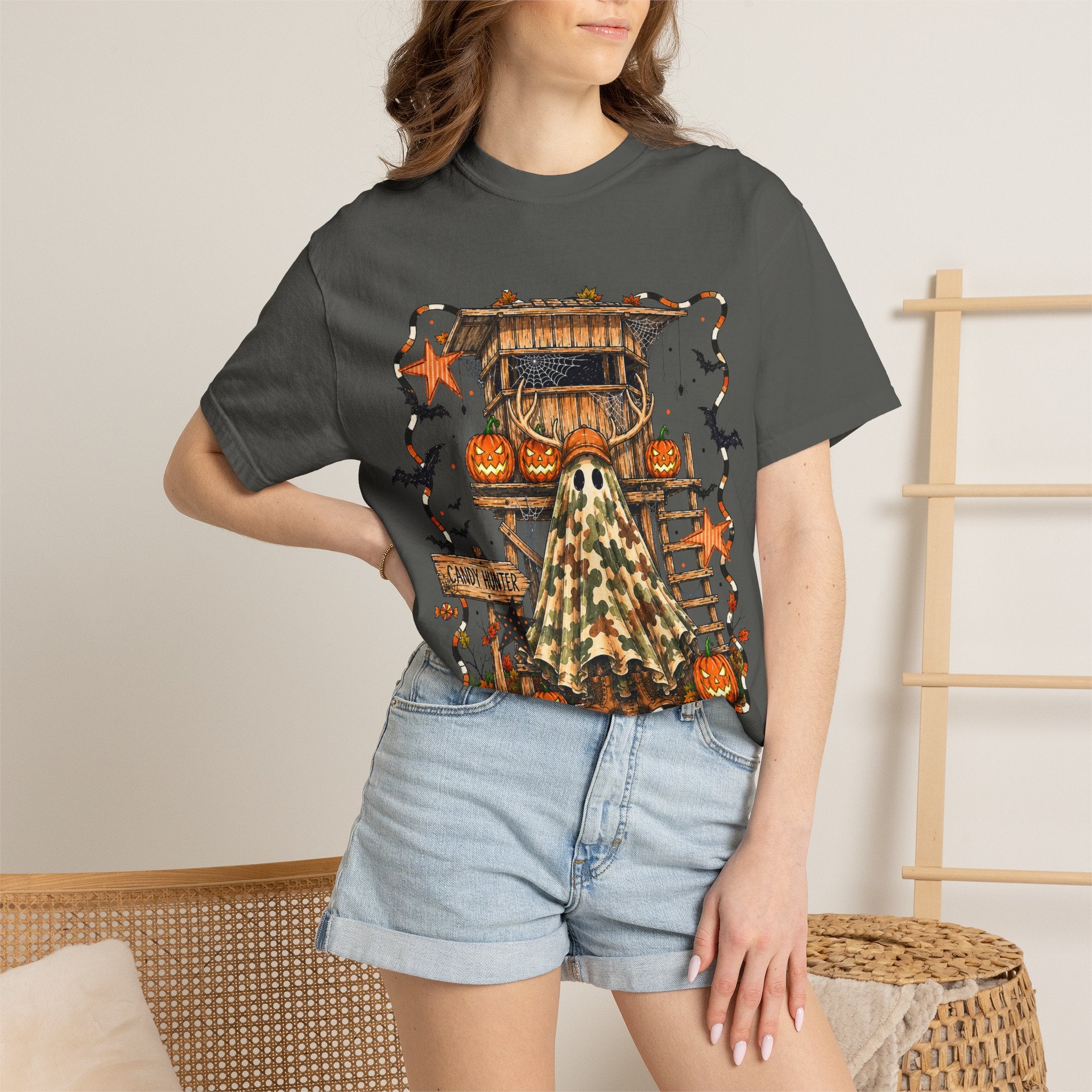 Halloween Ghost Treehouse T-Shirt Front and Back 31 October Camo Pumpkin Tee