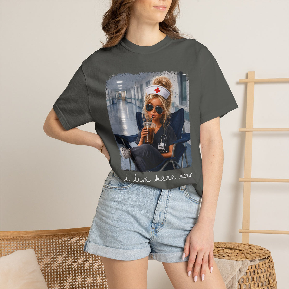 Funny Nurse Shirt, I Live Here Now Nurse Tee, Comfort Colors Nursing Shirt, Sarcastic Nurse Gift, ER Nurse Humor, Healthcare Worker Gift