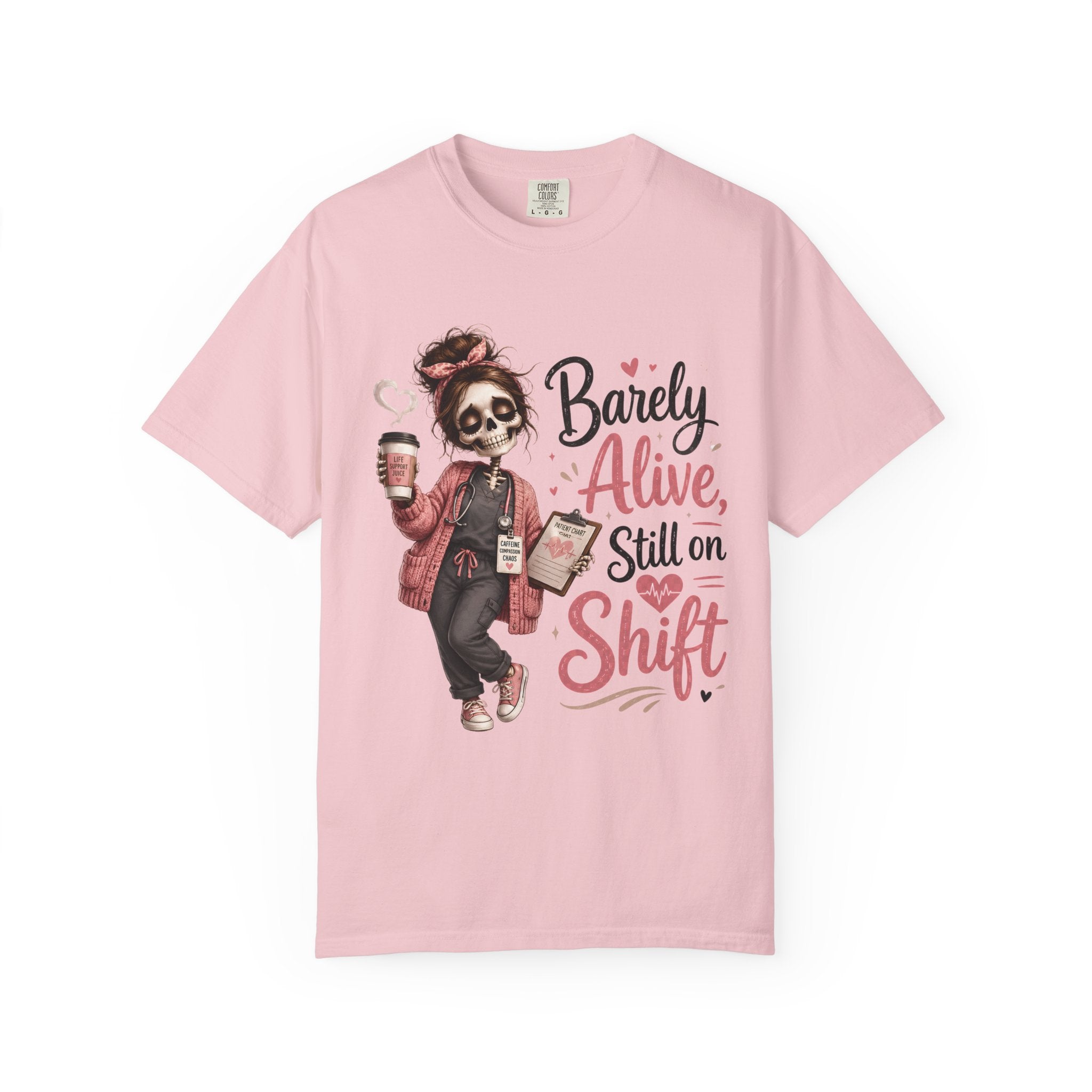 T Shirt Barely Alive Still on Shift Skeleton Barista Graphic Tee