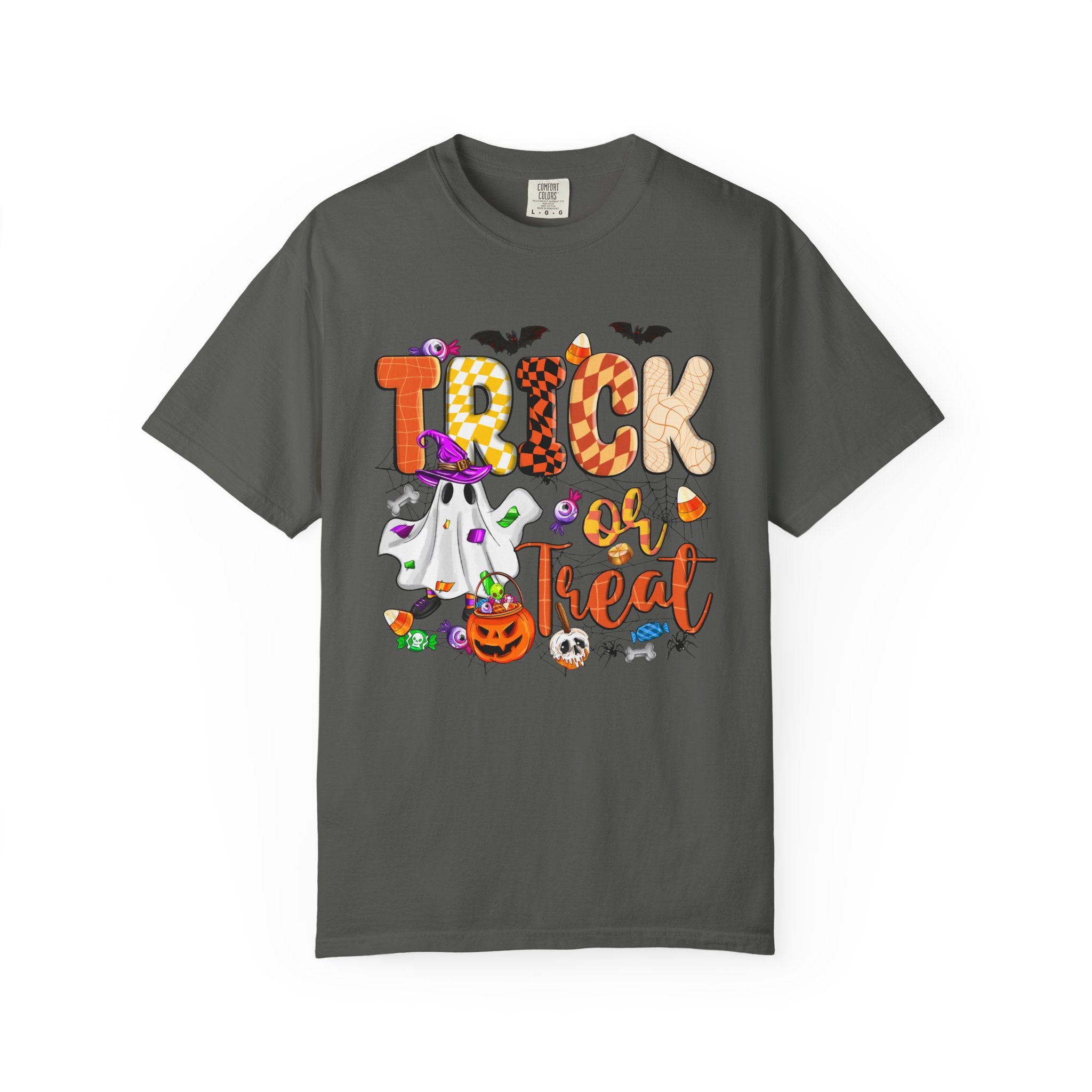 Trick or Treat Halloween T Shirt Cute Ghost Pumpkin and Candy Graphic Tee