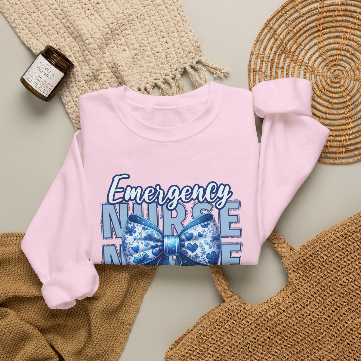 Emergency Nurse Sweatshirt, ER Nurse Blue Bow Shirt, Emergency Room Nurse Gift, RN Sweatshirt, Cute Nurse Apparel, Nursing Gift