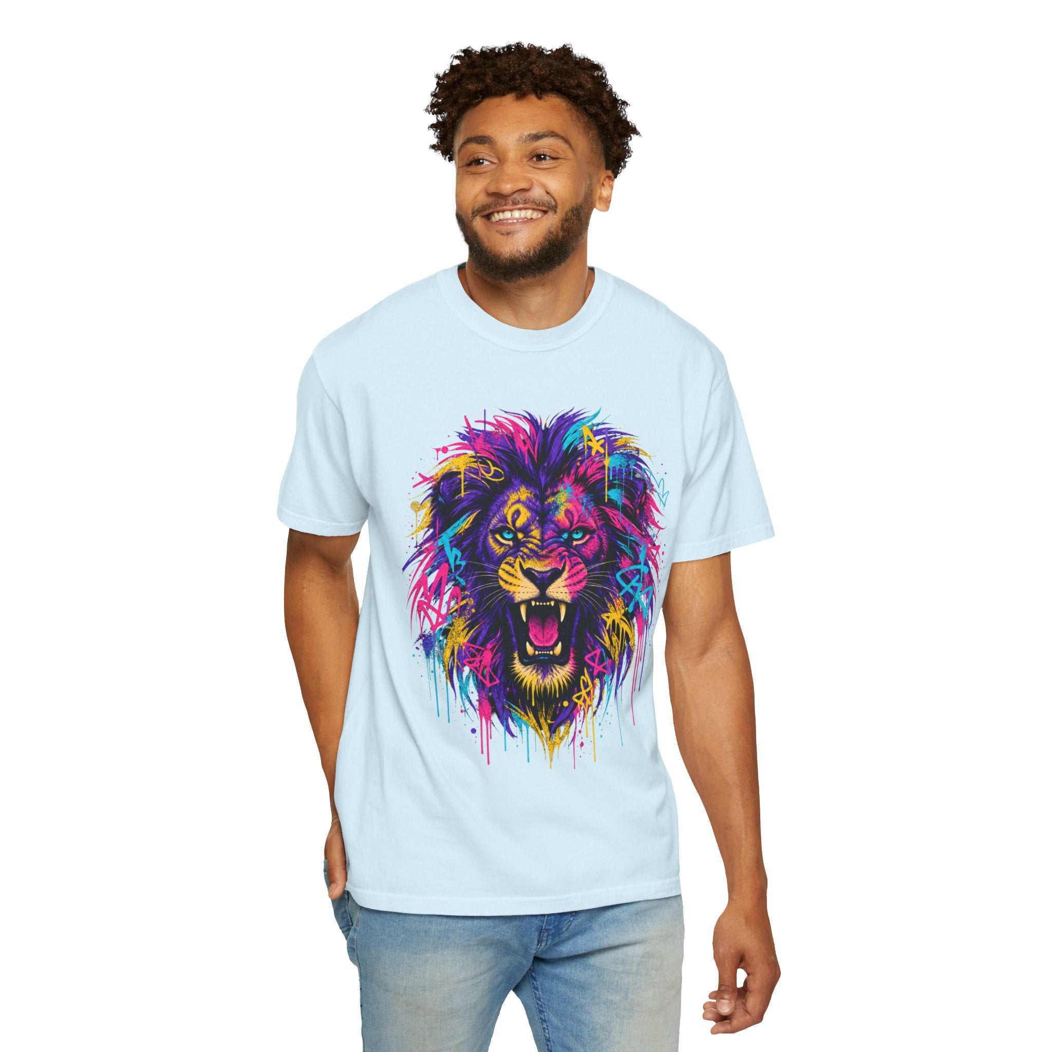 Colorful Roaring Lion T Shirt Vibrant Neon Animal Graphic Tee