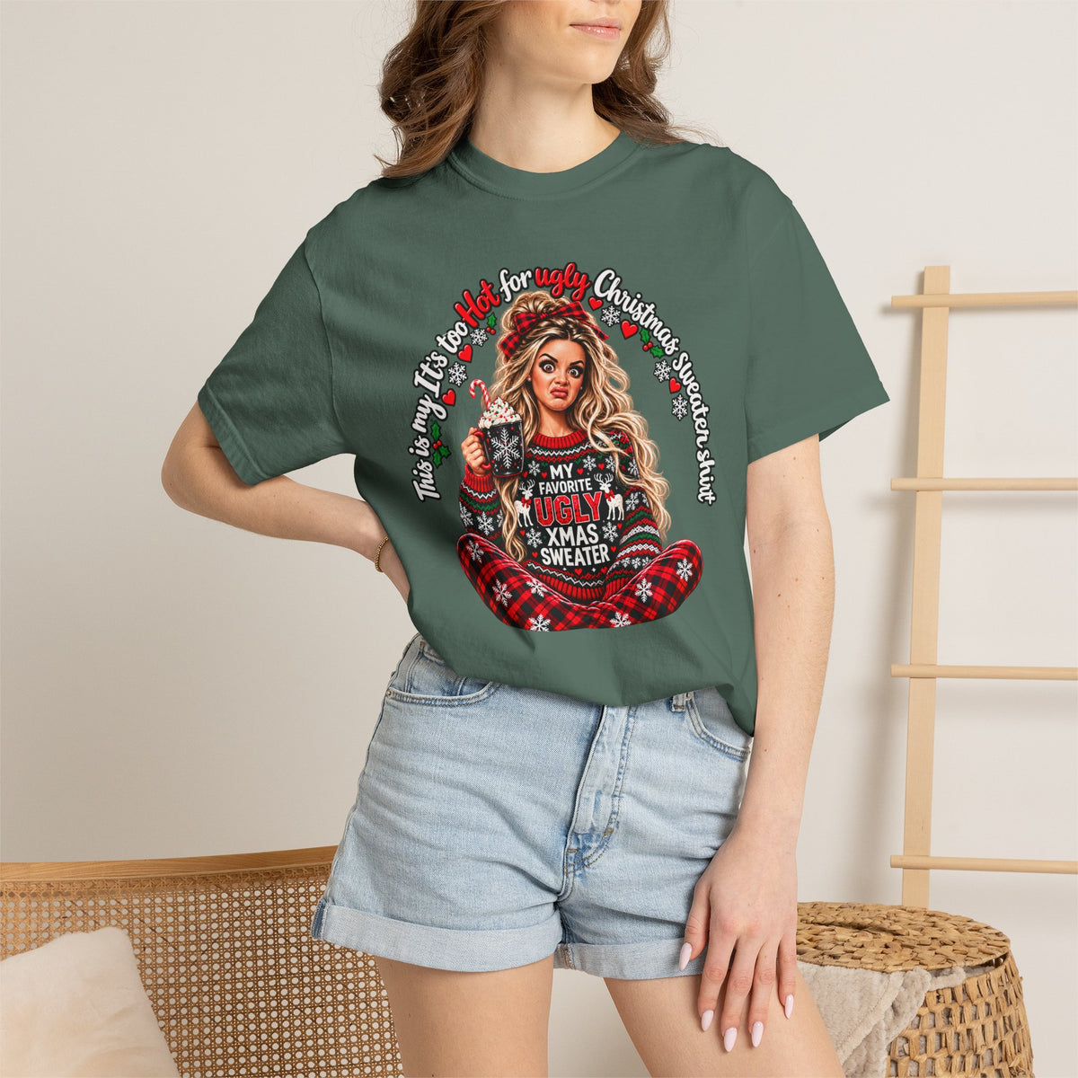 Ugly Christmas Sweater Shirt, Too Hot for Ugly Christmas Sweater Tee, Funny Christmas Shirt, Holiday Party Outfit, Christmas Graphic Tee