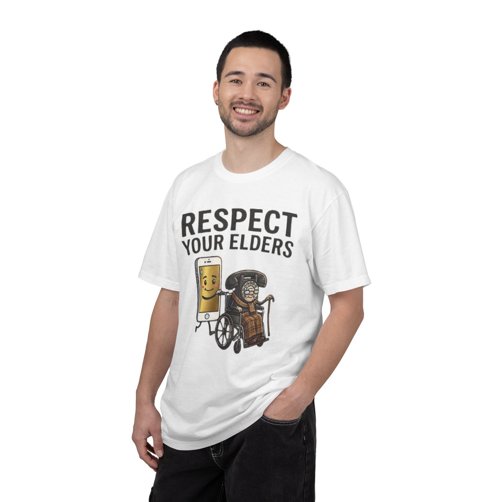 Respect Your Elders T-Shirt  Funny Retro Phone and Wheelchair Graphic Tee
