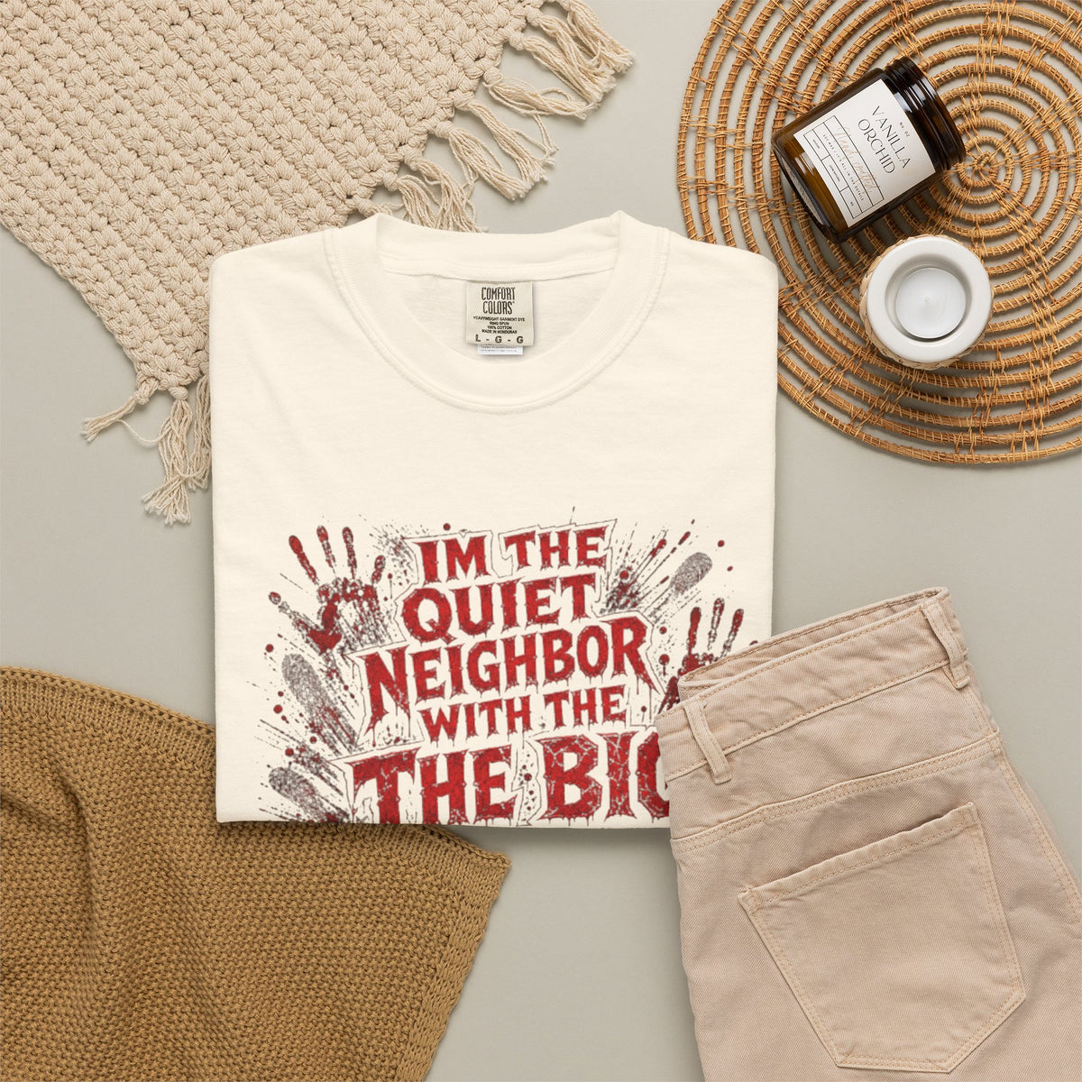 Graphic Tee Shirt Im the Quiet Neighbor with the Big Freezer Horror Handprint Tee