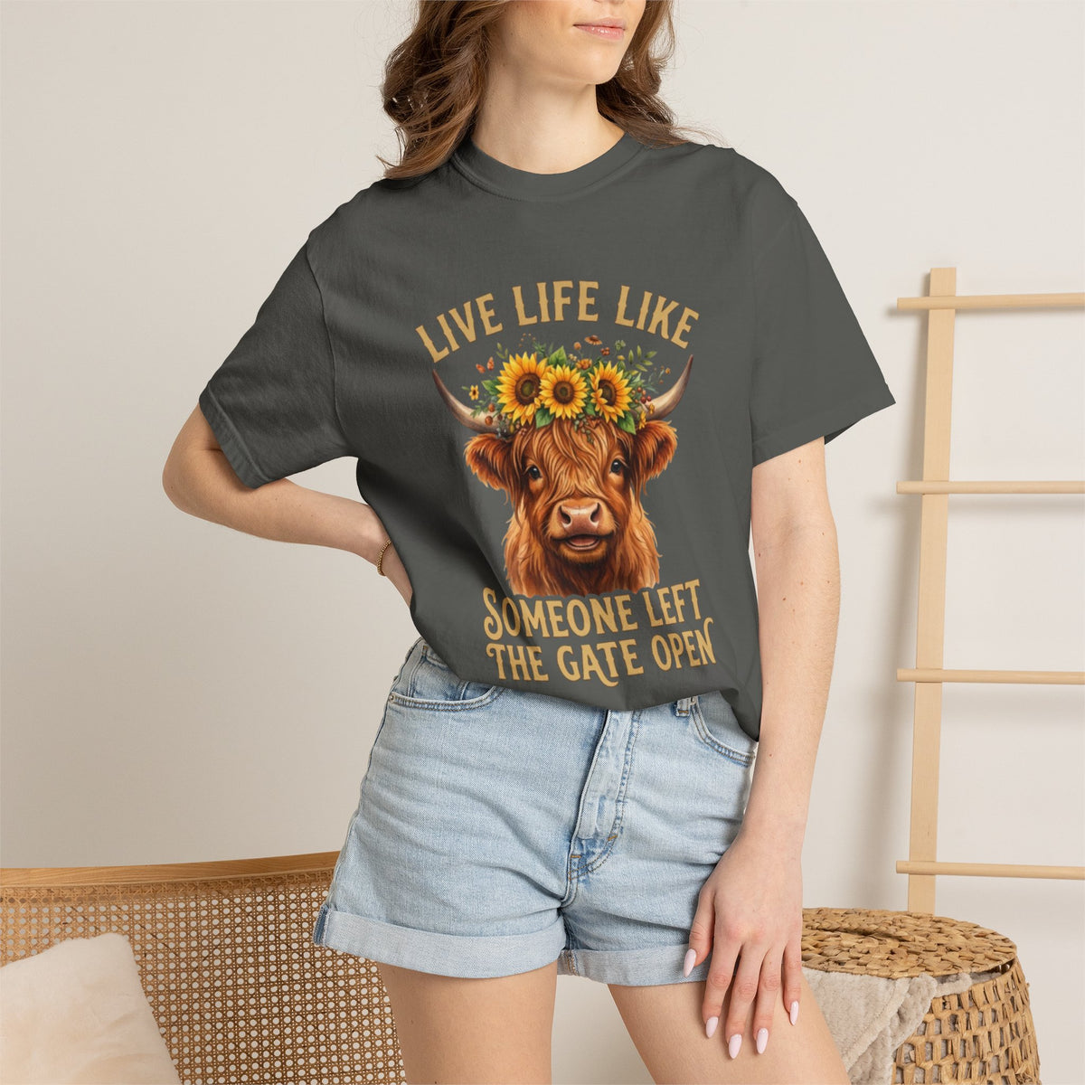 Live Life Like Someone Left the Gate Open Cow Tee Shirt Sunflower Highland Cattle Tee