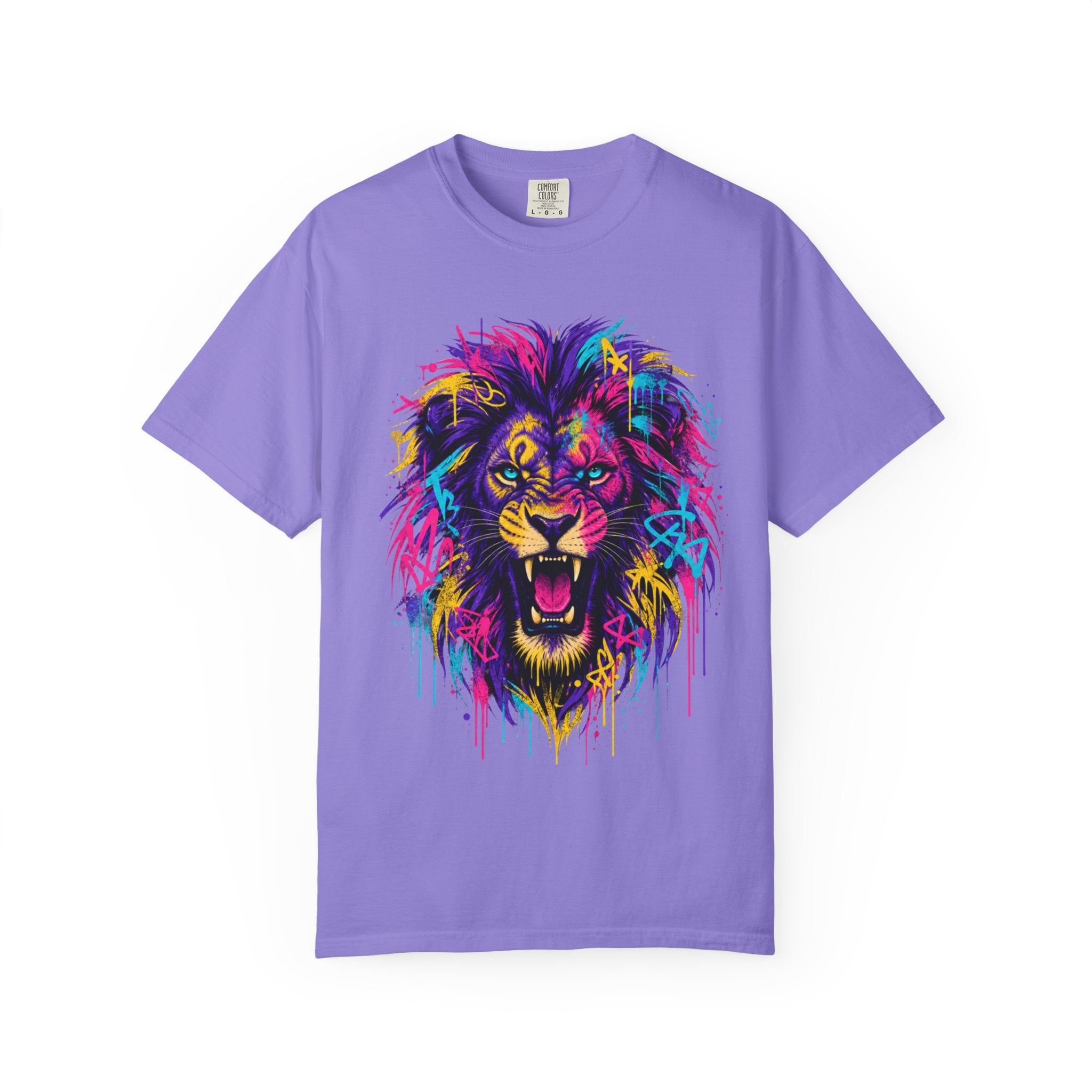 Colorful Roaring Lion T Shirt Vibrant Neon Animal Graphic Tee