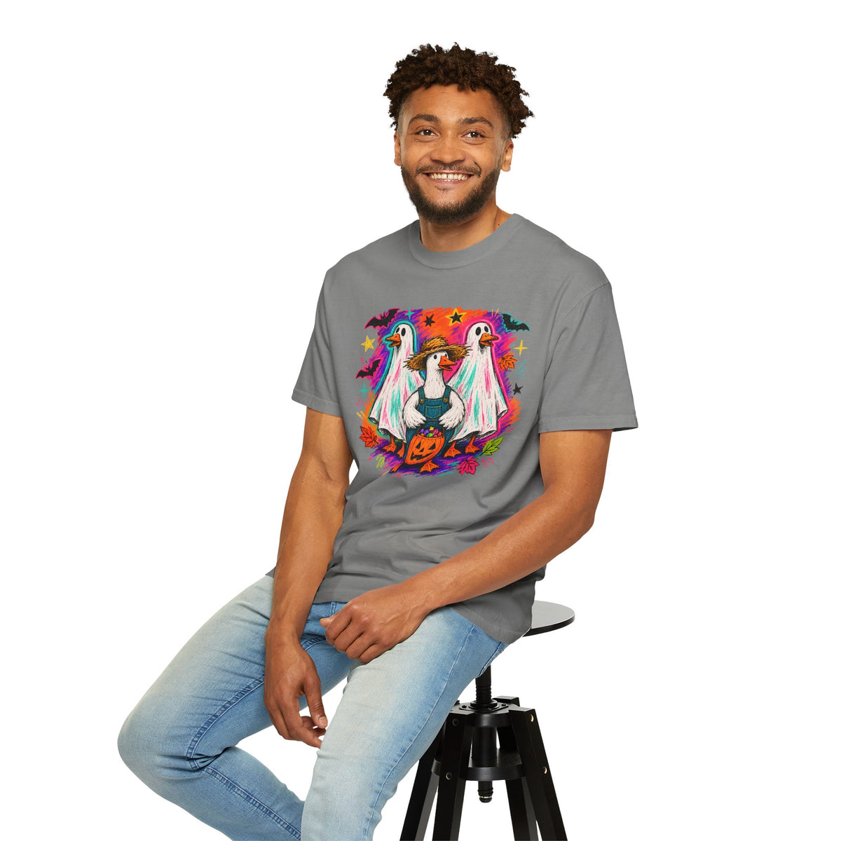 Halloween Goose T Shirt Cute Goose in Ghost Costume with Pumpkin Illustration