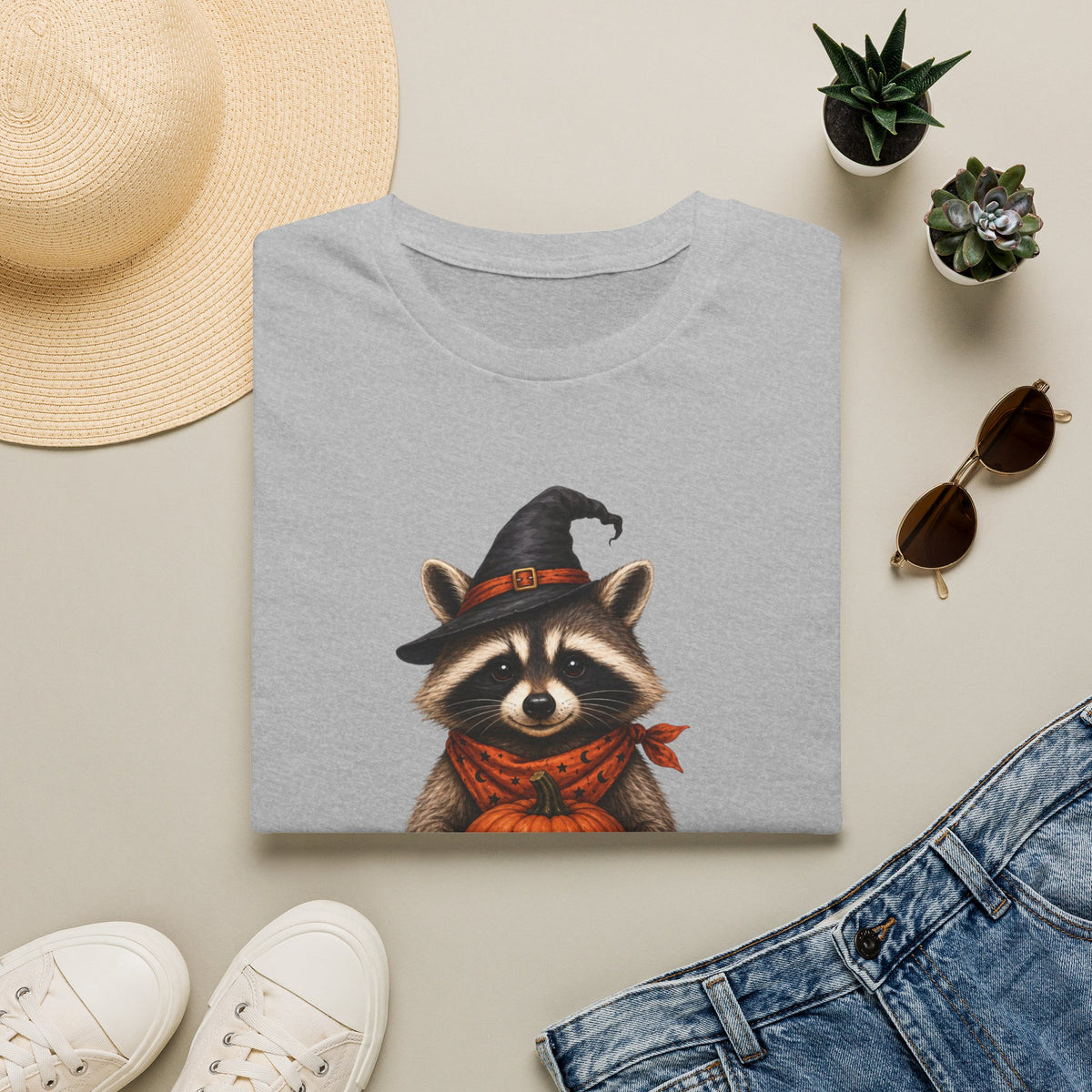 Raccoon Witch Halloween T Shirt Cute Pumpkin Trick-or-Treat Tee