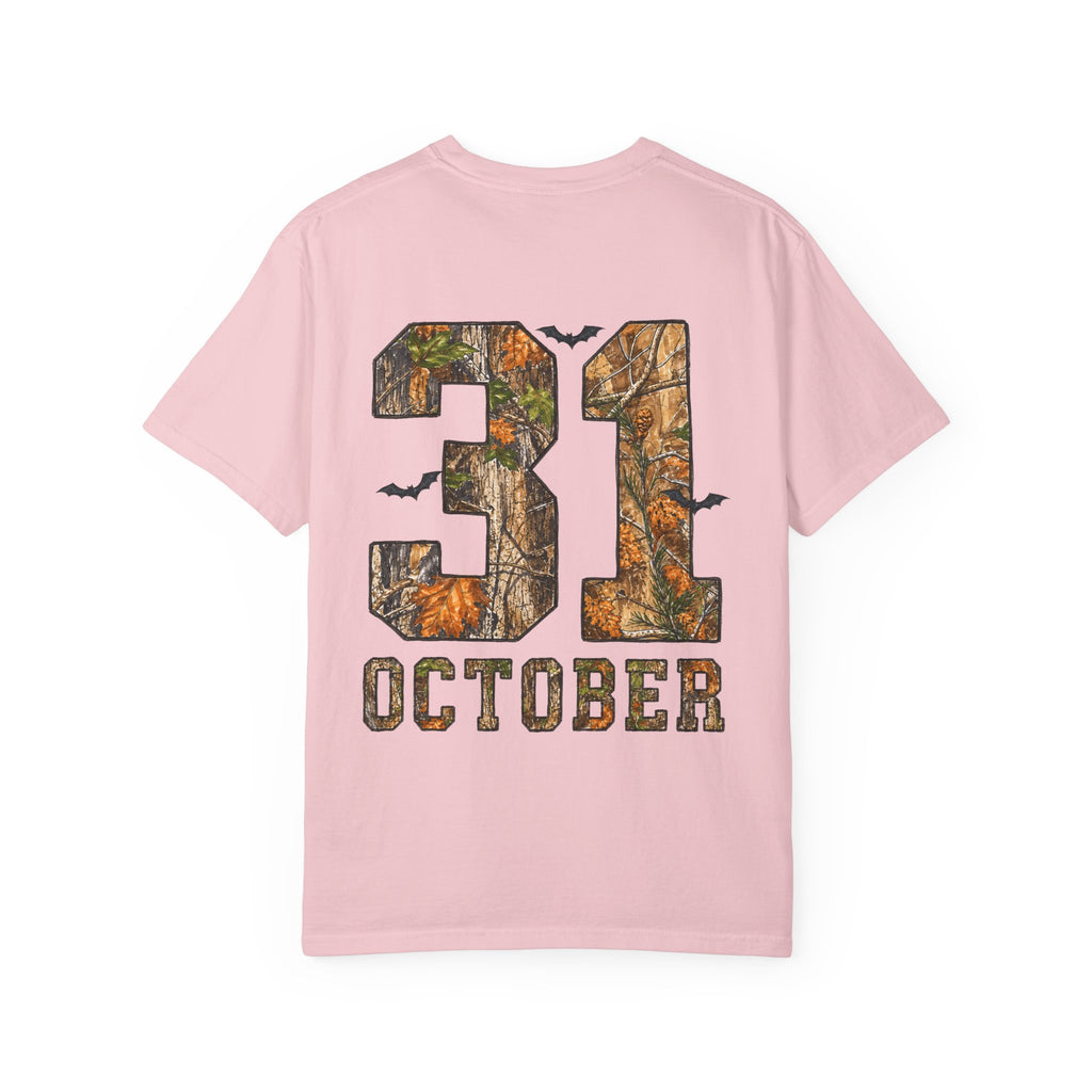 Halloween Ghost Treehouse T-Shirt Front and Back 31 October Camo Pumpkin Tee