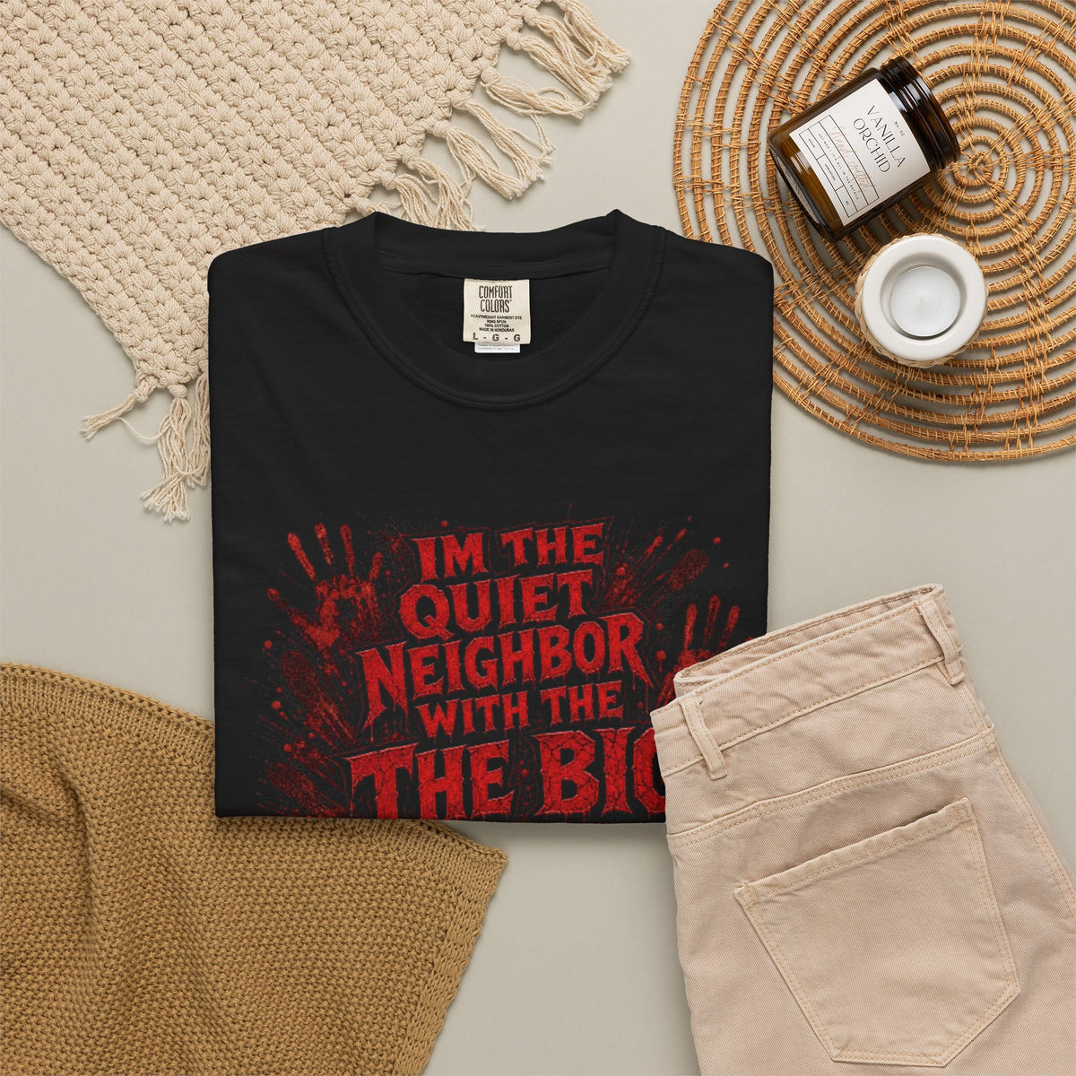 Graphic Tee Shirt Im the Quiet Neighbor with the Big Freezer Horror Handprint Tee