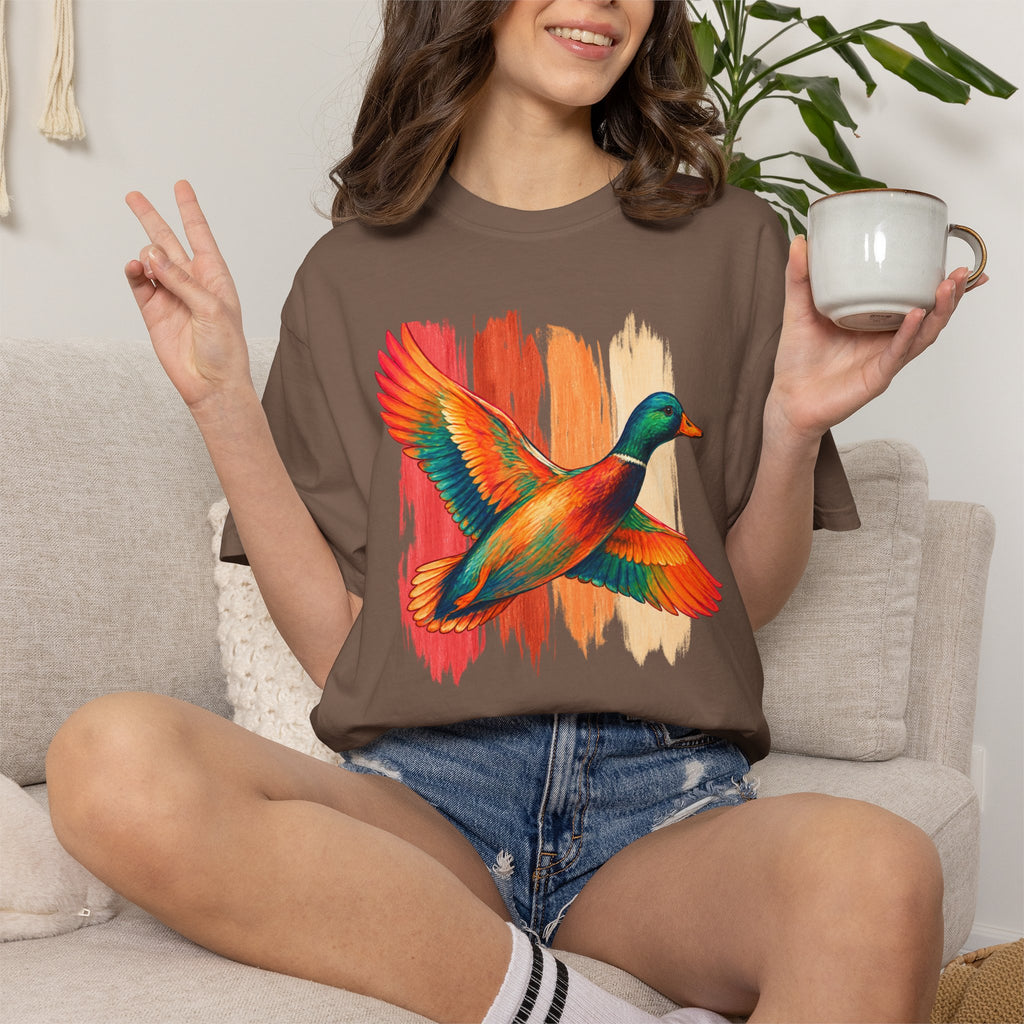Colorful Flying Duck Tee | Vibrant Mallard Illustration, Nature Shirt