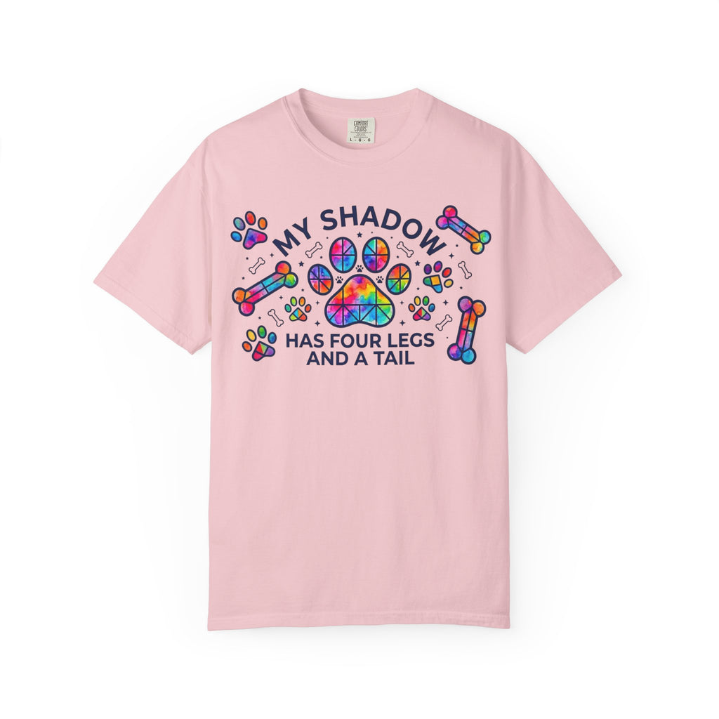 My Shadow Has Four Legs And A Tail T-Shirt Colorful Paw Print Dog Lover Tee