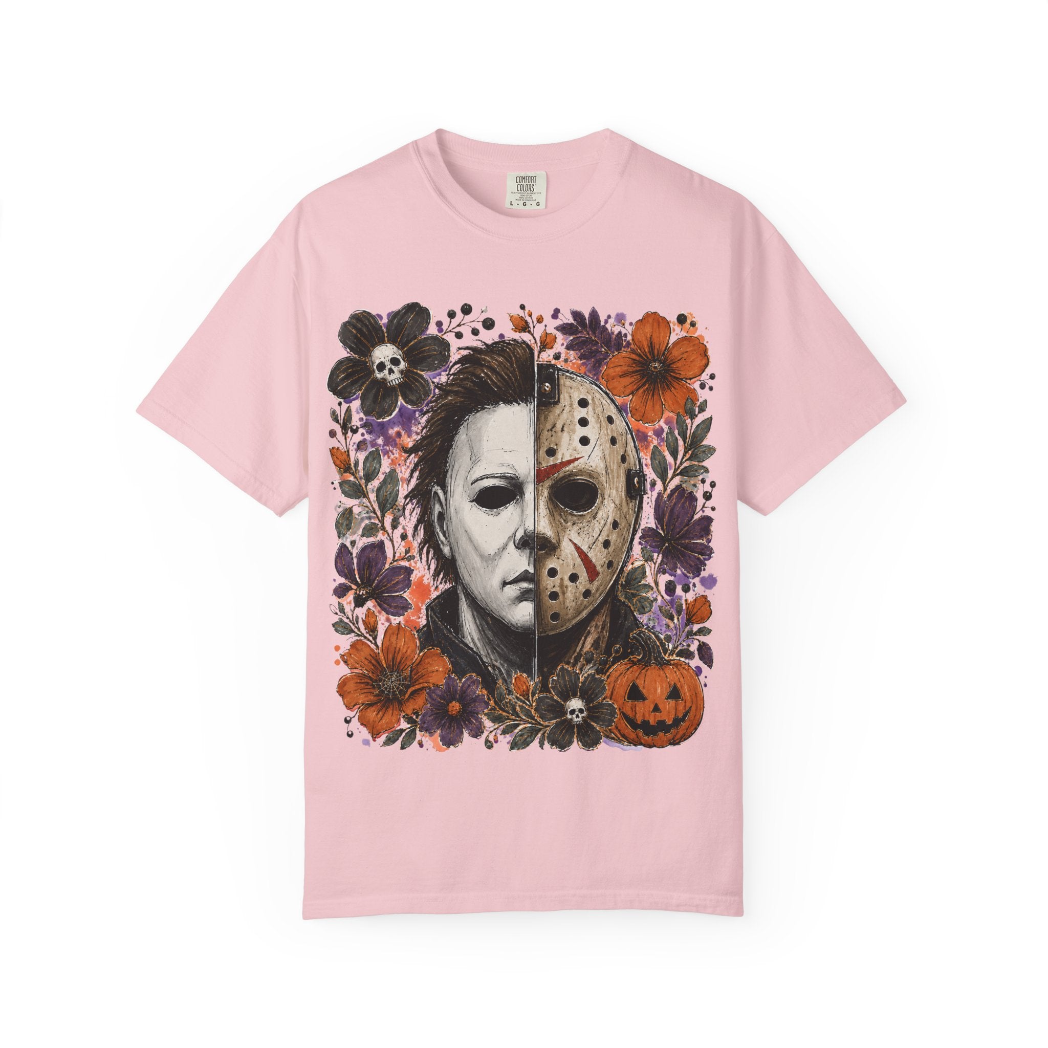 Horror Split Face Floral T Shirt Michael Myers and Jason Halloween Tee