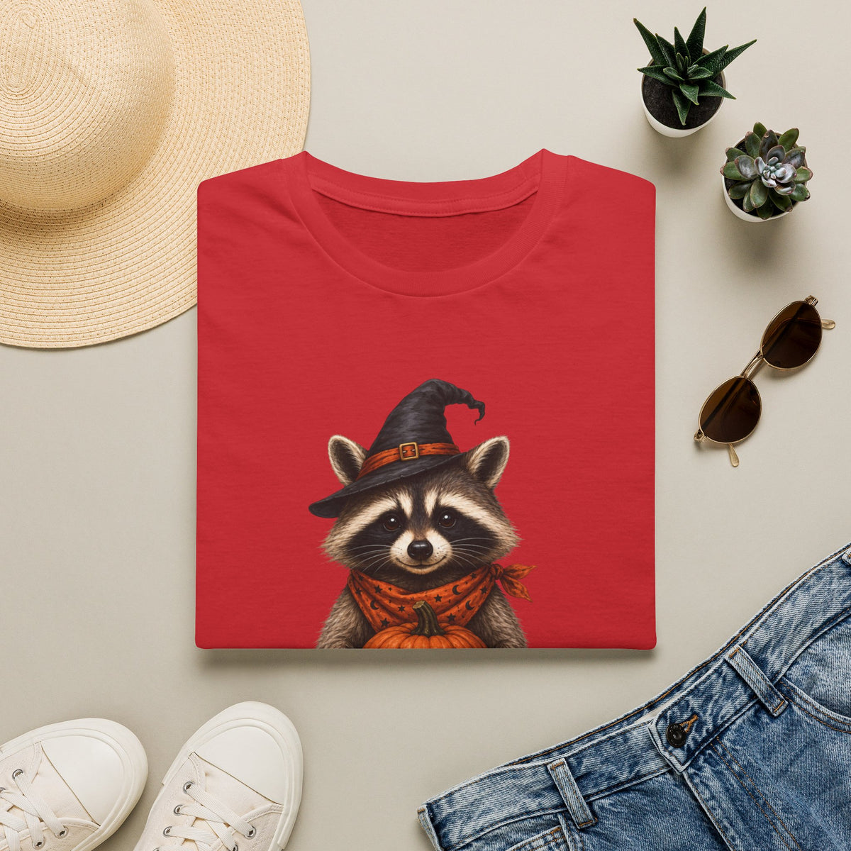 Raccoon Witch Halloween T Shirt Cute Pumpkin Trick-or-Treat Tee