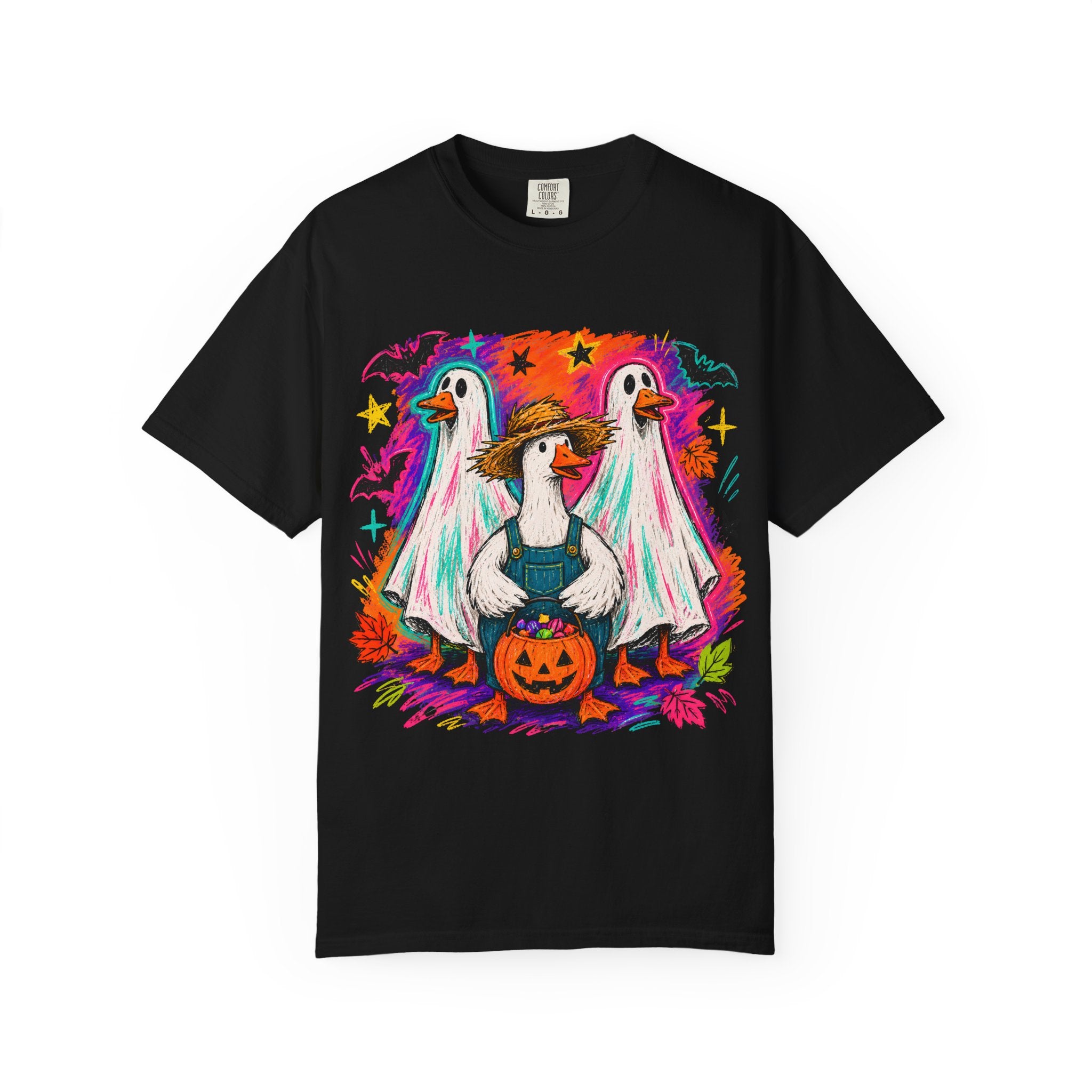 Halloween Goose T Shirt Cute Goose in Ghost Costume with Pumpkin Illustration
