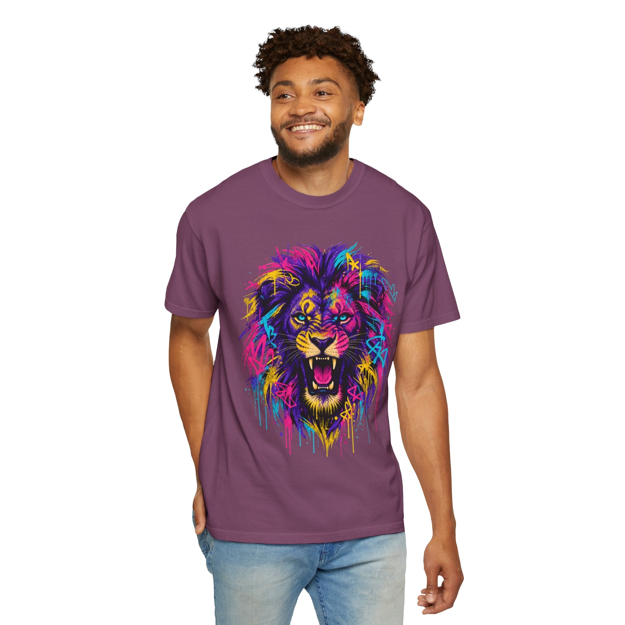 Colorful Roaring Lion T Shirt Vibrant Neon Animal Graphic Tee