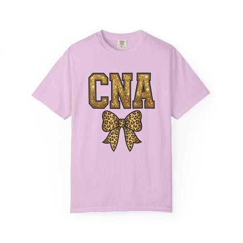 CNA Leopard Bow T Shirt Sparkle Gold Nurse Aide Tee