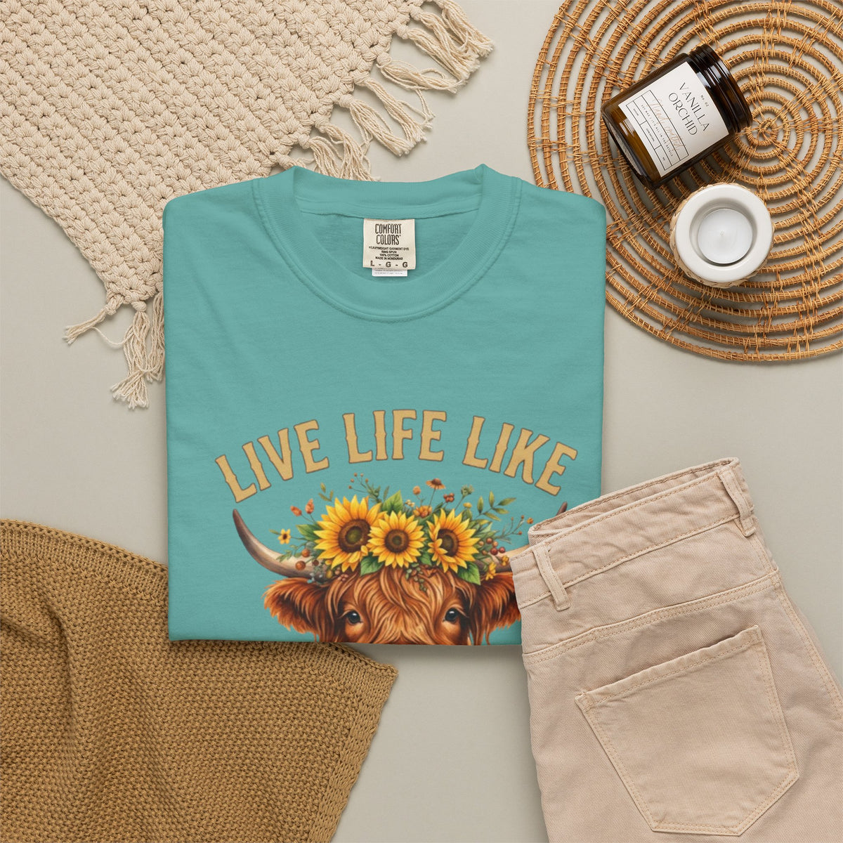 Live Life Like Someone Left the Gate Open Cow Tee Shirt Sunflower Highland Cattle Tee