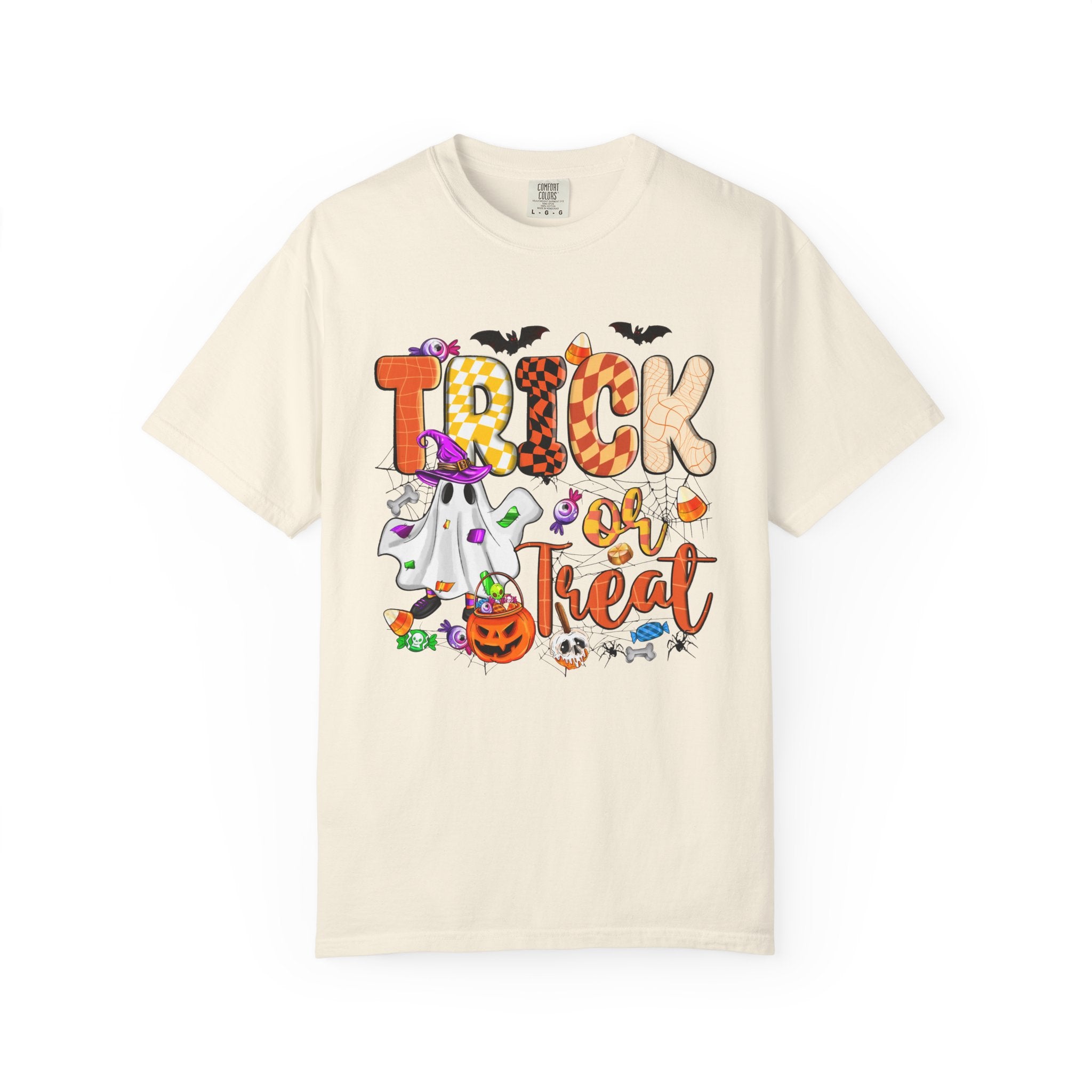 Trick or Treat Halloween T Shirt Cute Ghost Pumpkin and Candy Graphic Tee