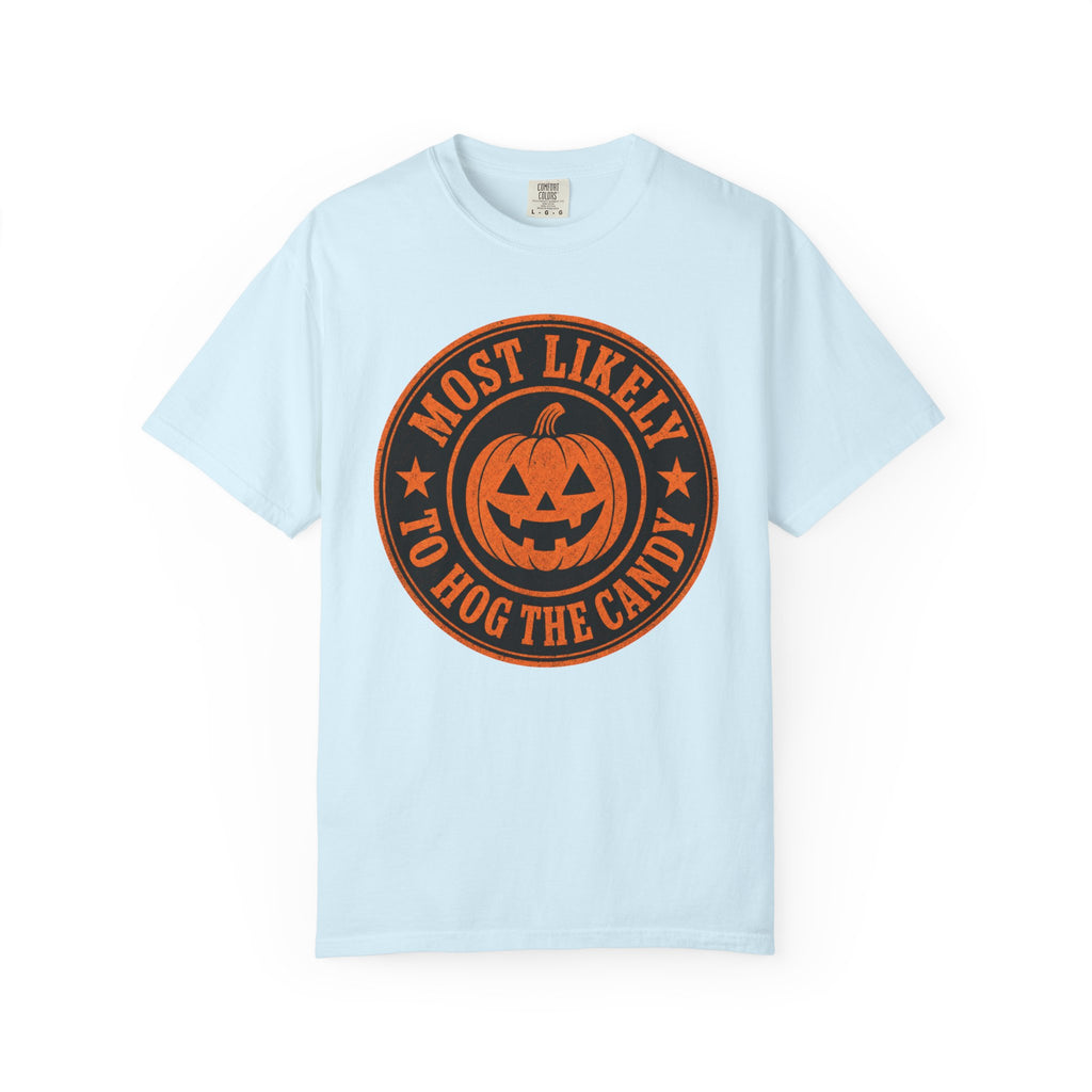 Most Likely to Hog the Candy Halloween T Shirt Jack-O Lantern Pumpkin Graphic Tee