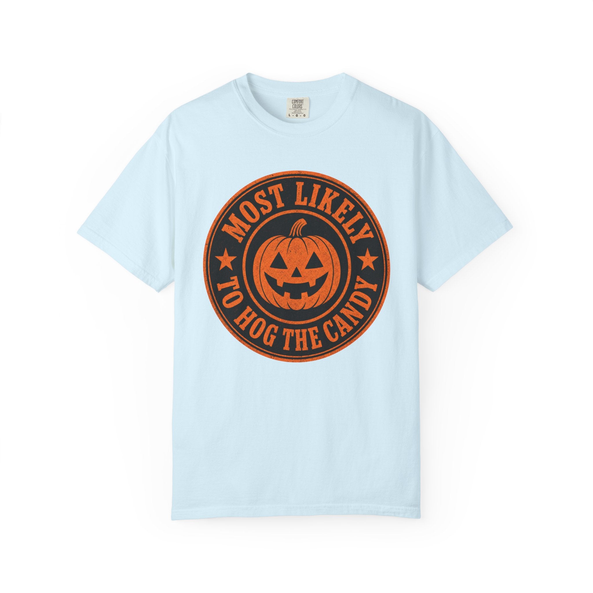 Most Likely to Hog the Candy Halloween T Shirt Jack-O Lantern Pumpkin Graphic Tee