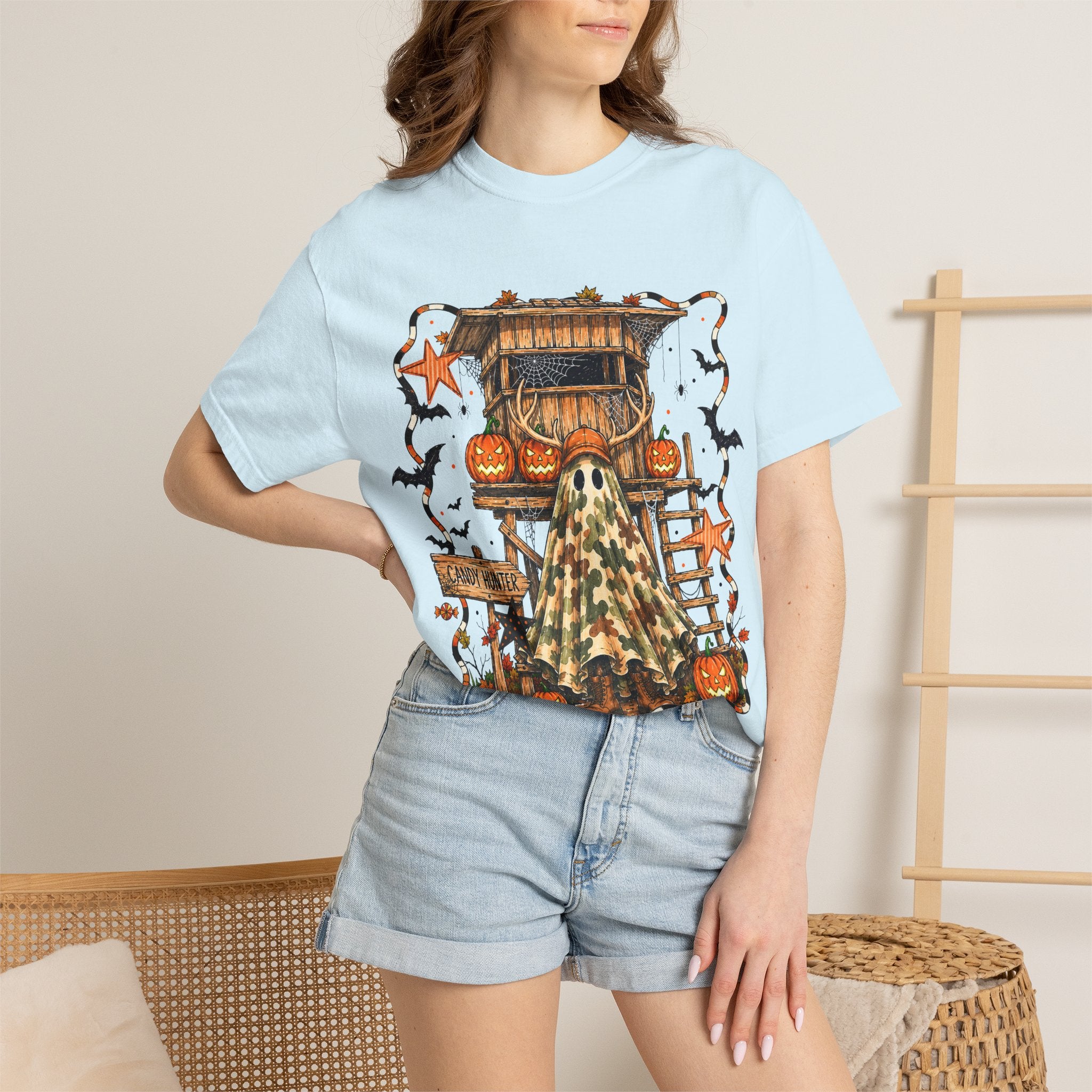 Halloween Ghost Treehouse T-Shirt Front and Back 31 October Camo Pumpkin Tee