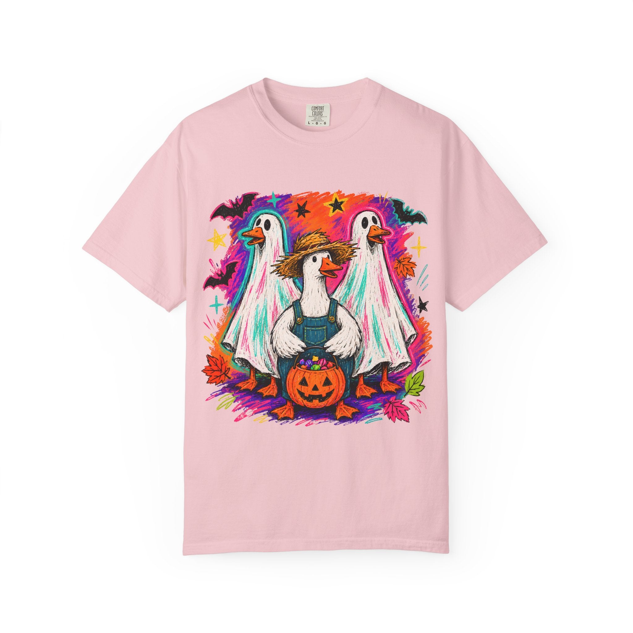 Halloween Goose T Shirt Cute Goose in Ghost Costume with Pumpkin Illustration