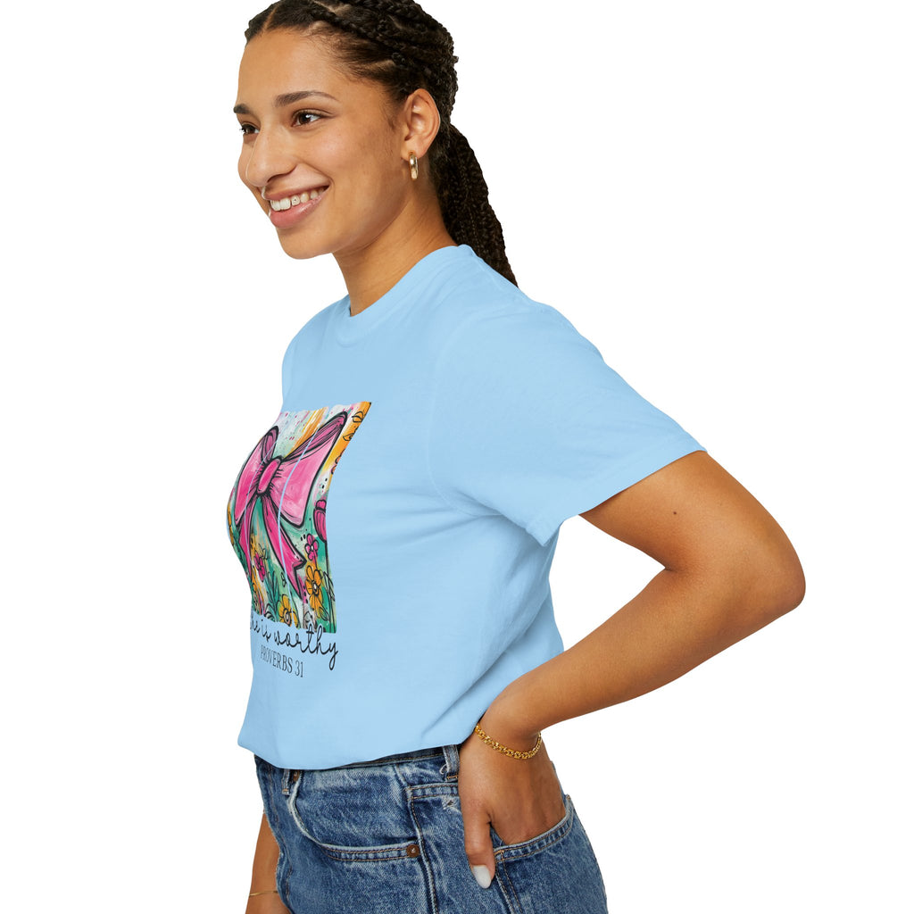 Pink Bow Floral Illustration Tee Shirt | She is Worthy Proverbs 31 Christian Tee