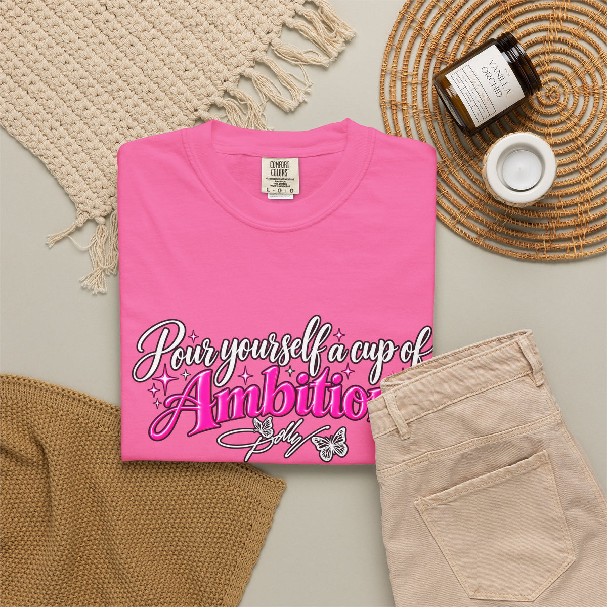 Raise Yourself a Cup of Ambition T shirt  Script Typography Pink Accent