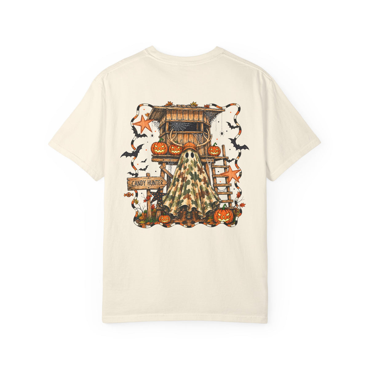 Halloween Ghost Treehouse T Shirt Front and Back 31 October Camo Pumpkin Tee
