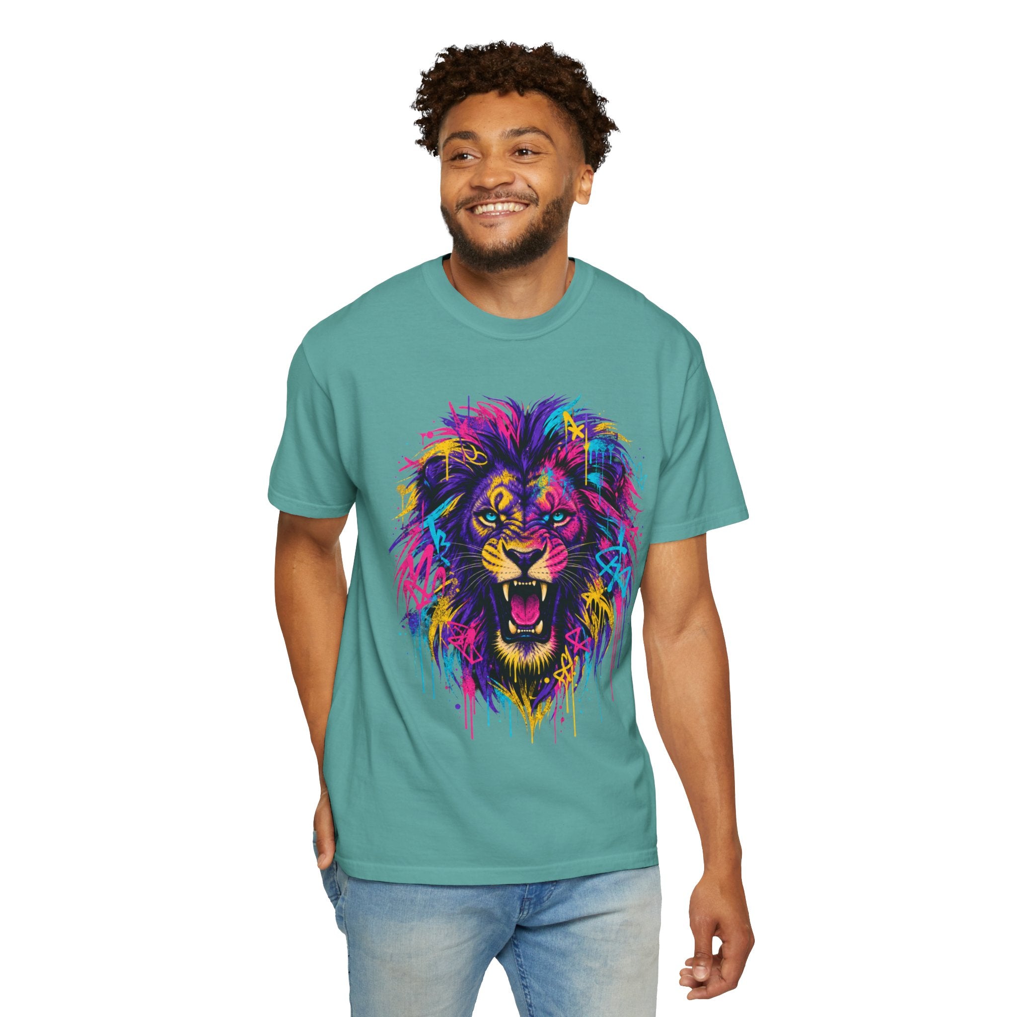 Colorful Roaring Lion T Shirt Vibrant Neon Animal Graphic Tee