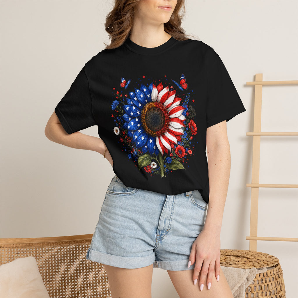 Patriotic Sunflower T Shirt American Flag Floral Tee Fourth of July