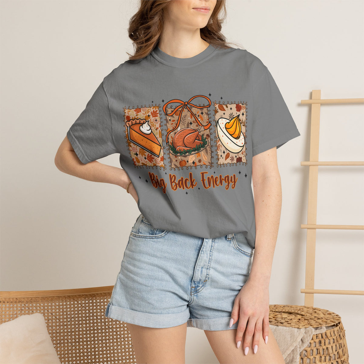 Tee Shirt Big Back Energy Thanksgiving Pie and Turkey Graphic Tee