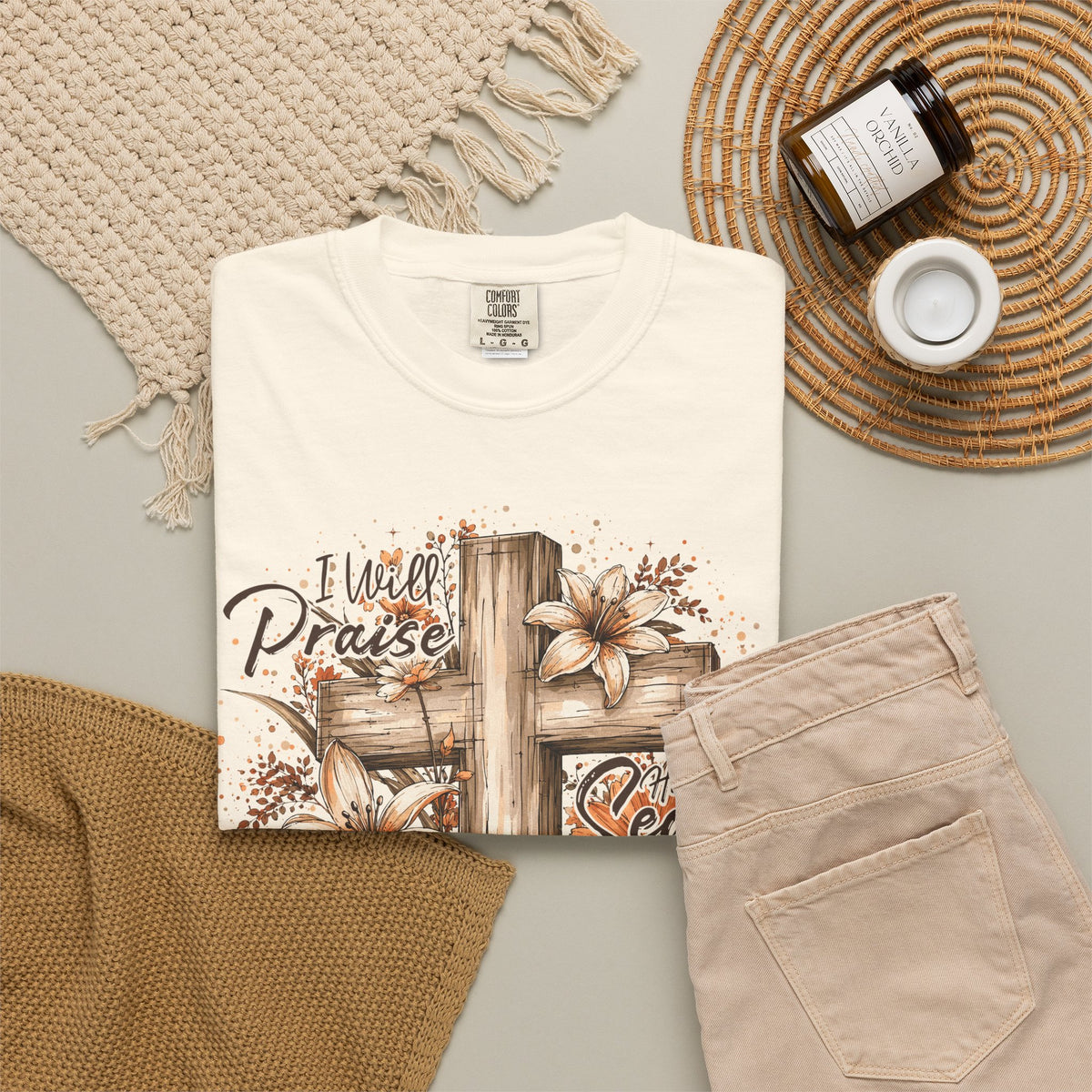 Tee Shirt I Will Praise Every Season Cross with Fall Pumpkins and Flowers