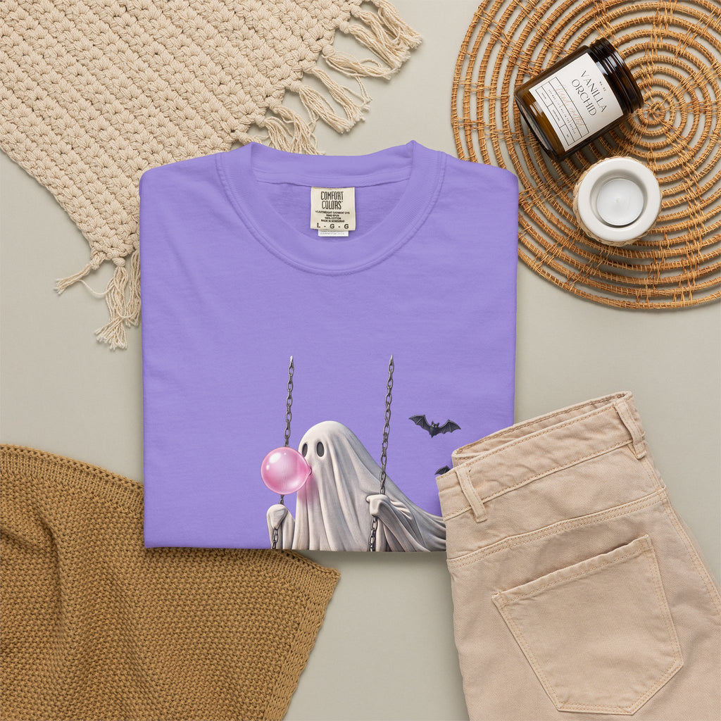 Ghost on Swing Tee Shirt | Cute Halloween Ghost Blowing Bubblegum, Bats