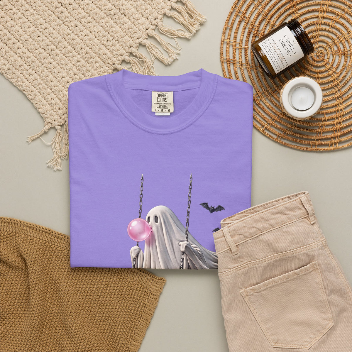 Ghost on Swing Tee Shirt | Cute Halloween Ghost Blowing Bubblegum, Bats