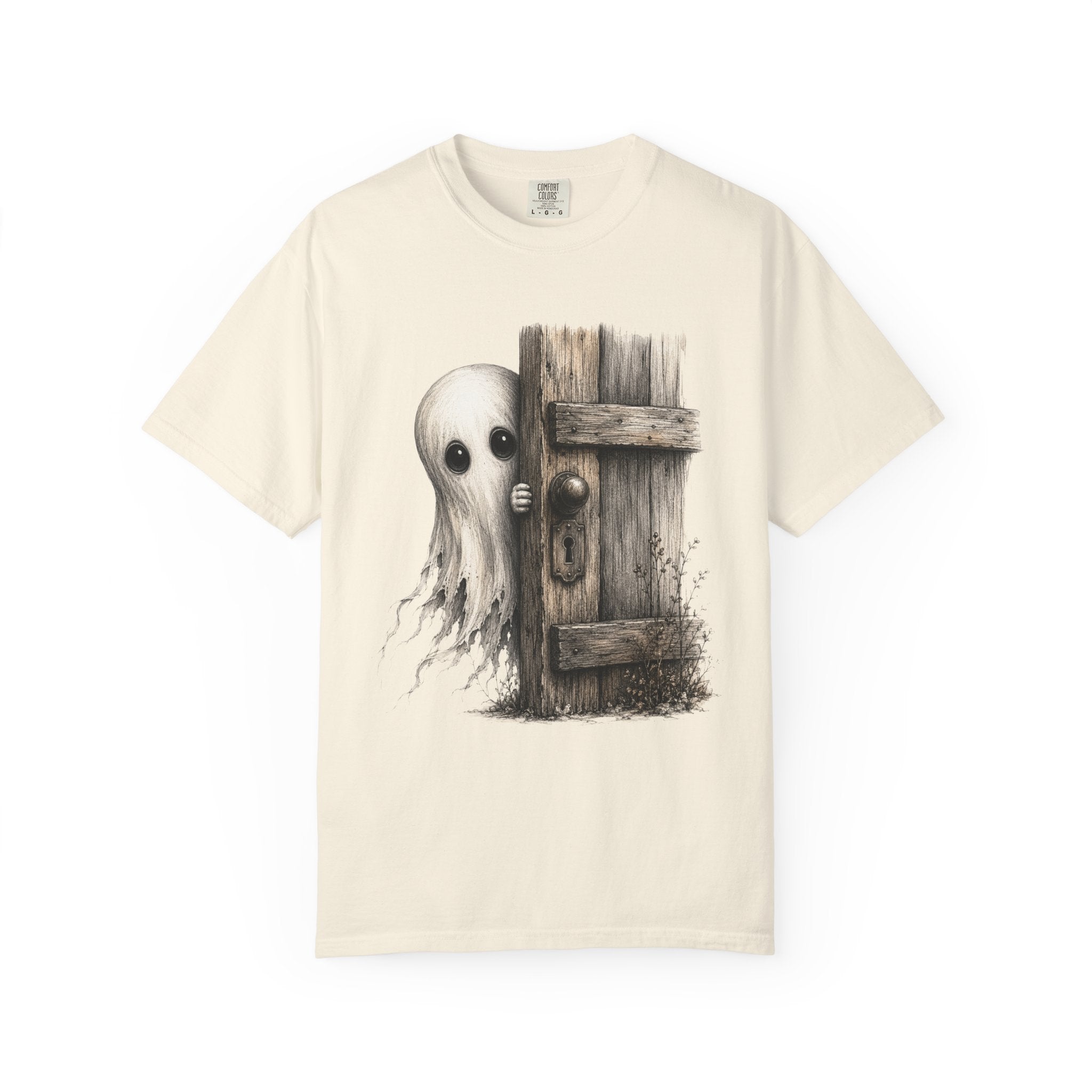 Ghost Peeking Behind Door T Shirt Cute Spooky Halloween Tee
