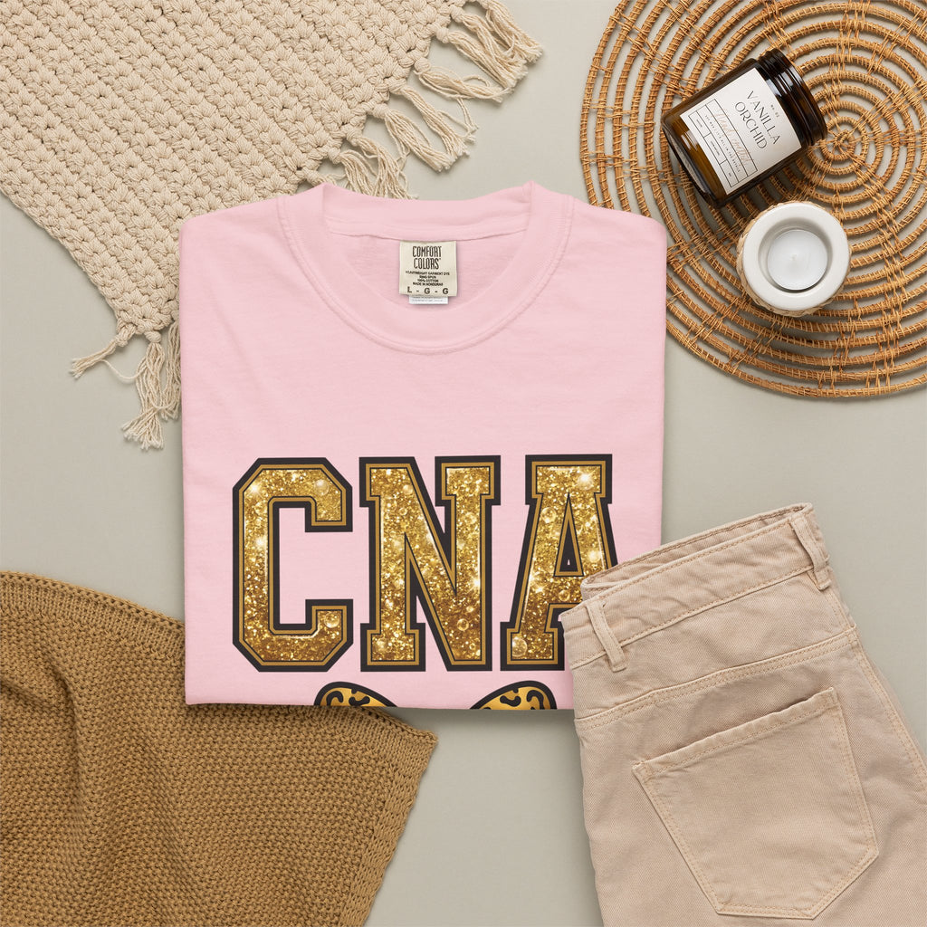 CNA Leopard Bow T Shirt Sparkle Gold Nurse Aide Tee