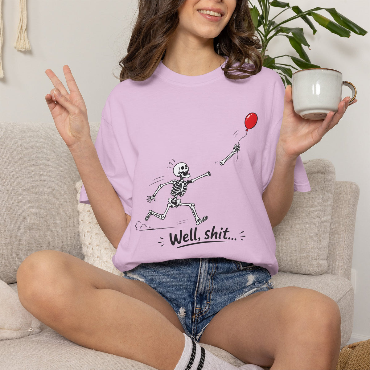 Skeleton Chasing Balloon Tee Shirt Well shit Graphic Tee