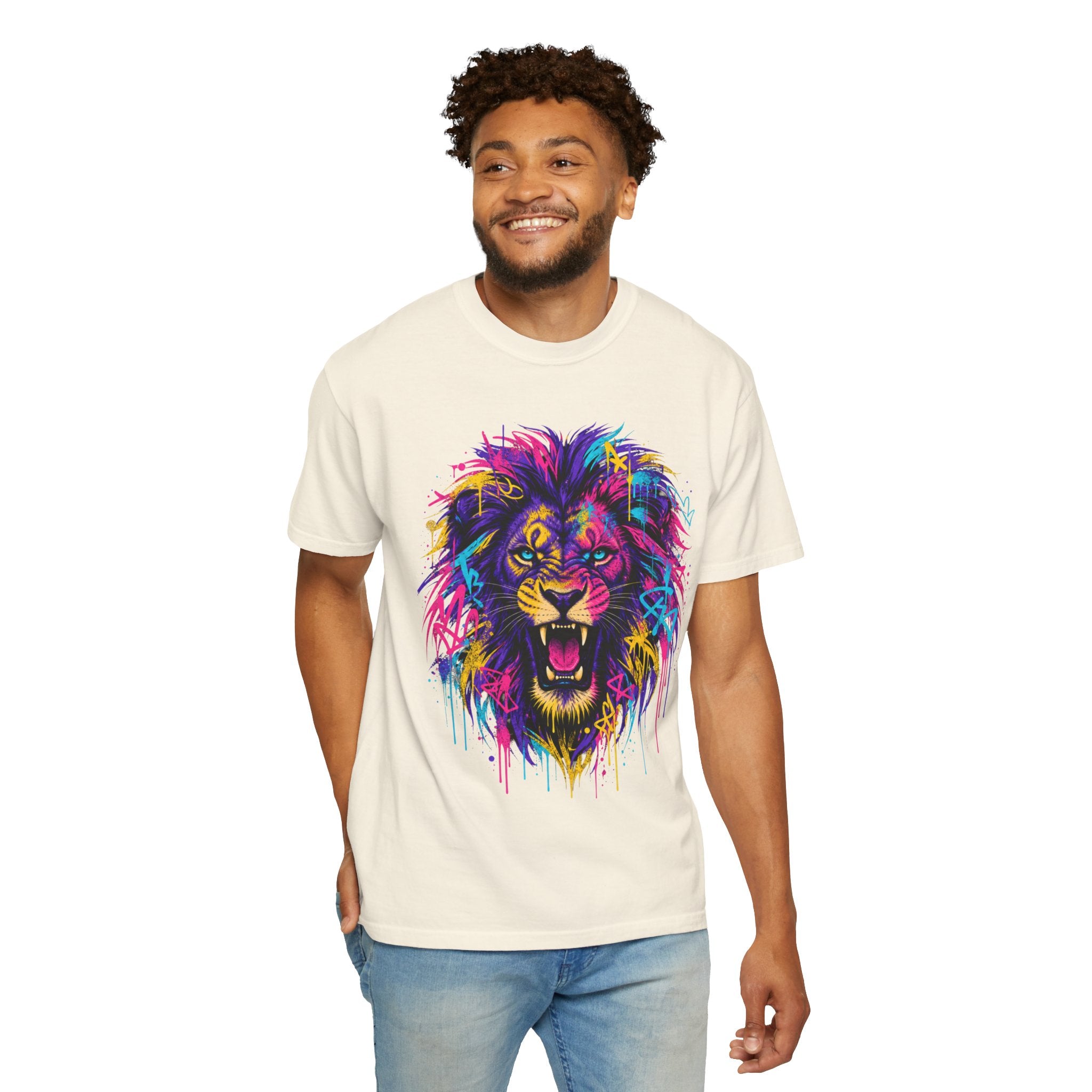 Colorful Roaring Lion T Shirt Vibrant Neon Animal Graphic Tee