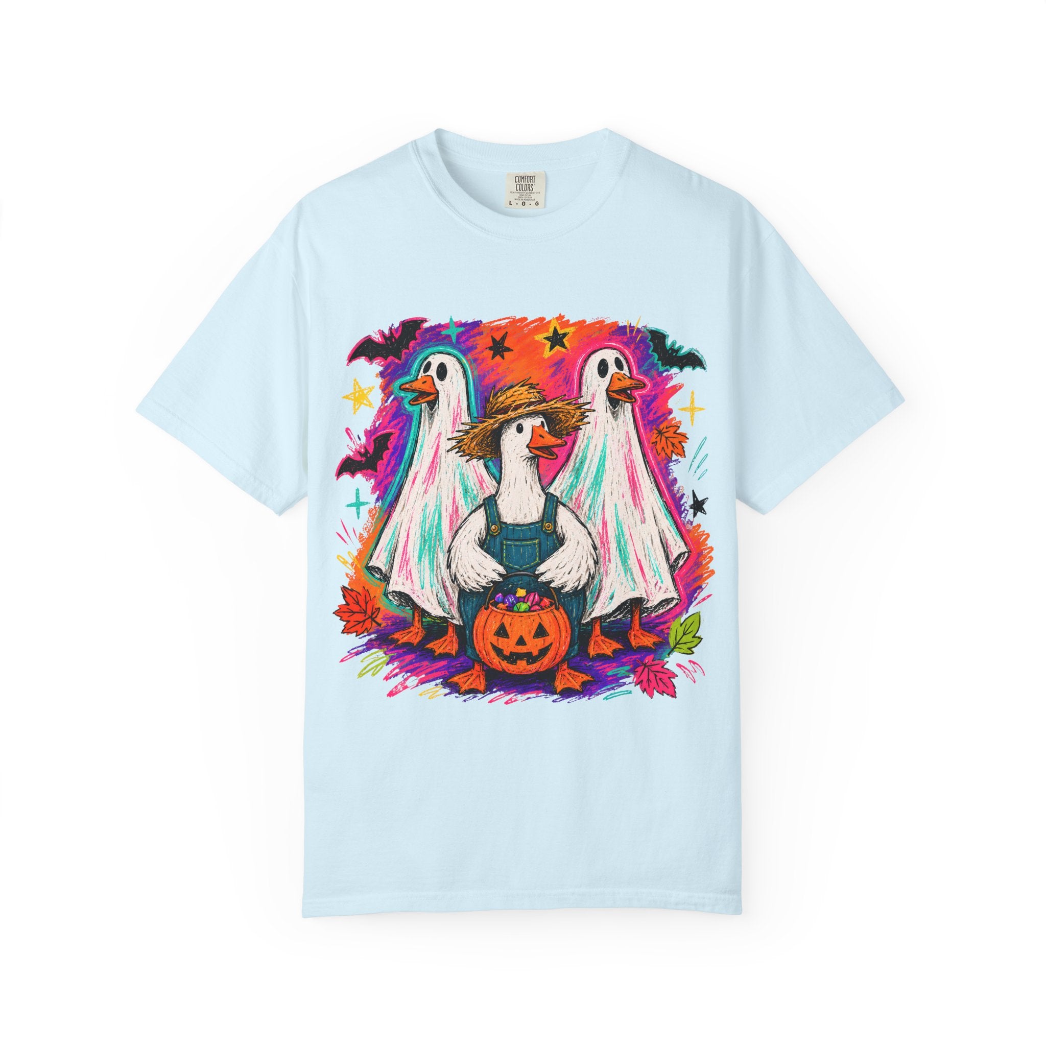 Halloween Goose T Shirt Cute Goose in Ghost Costume with Pumpkin Illustration