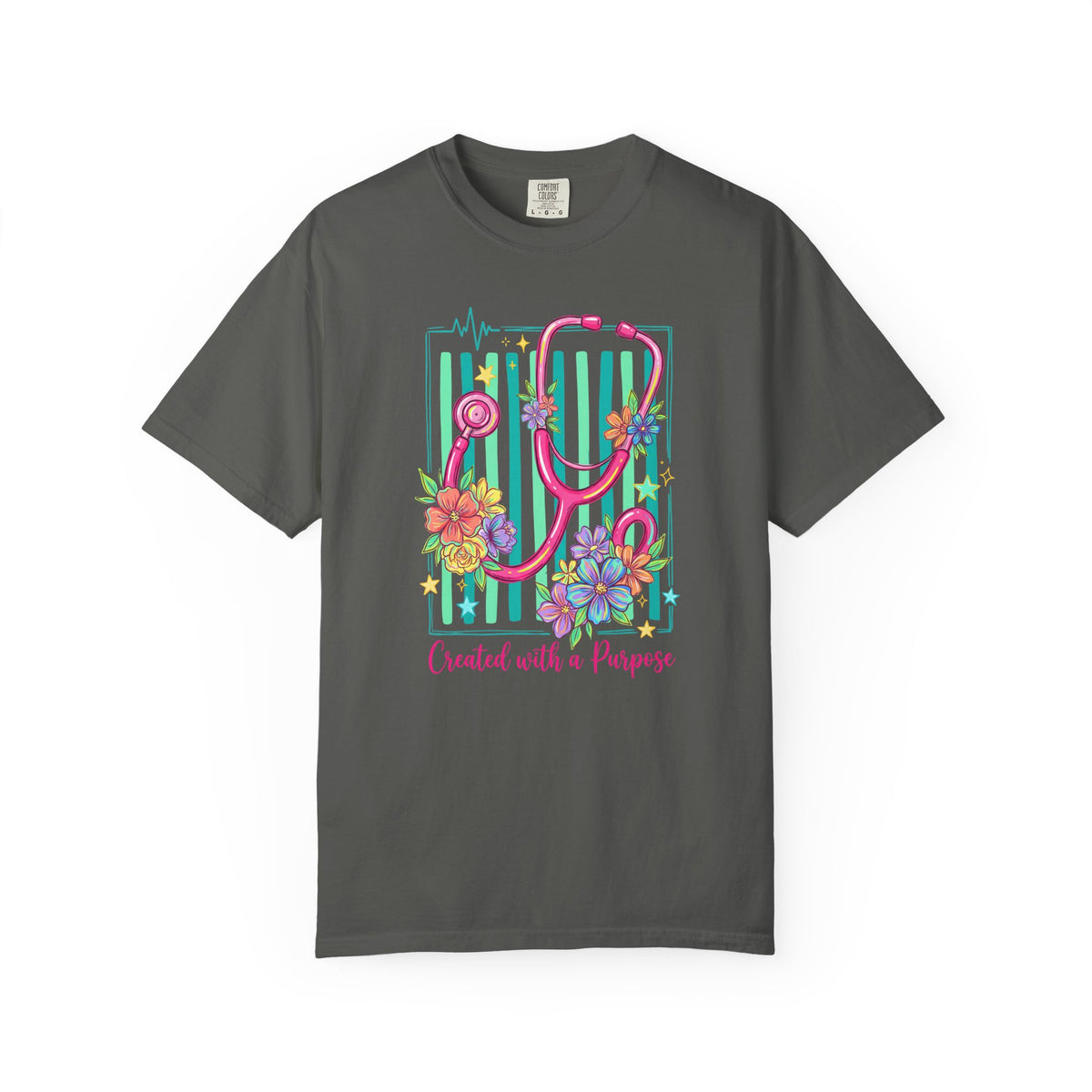 Created With a Purpose Nurse Shirt, Floral Stethoscope Tee, Comfort Colors Nurse T-Shirt, Nursing Student Gift, Nurse Appreciation Gift
