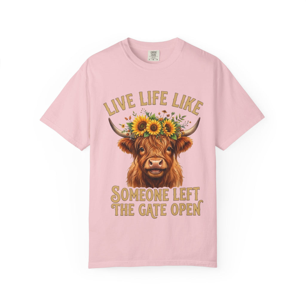 Live Life Like Someone Left the Gate Open Cow TShirt Sunflower Highland Cattle Tee
