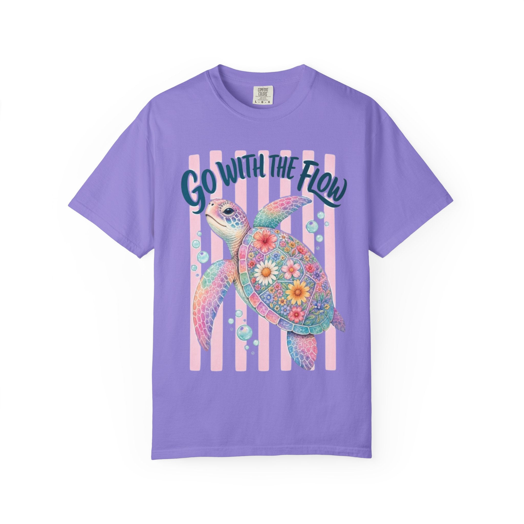 T-Shirt Go With The Flow Floral Sea Turtle Graphic Tee