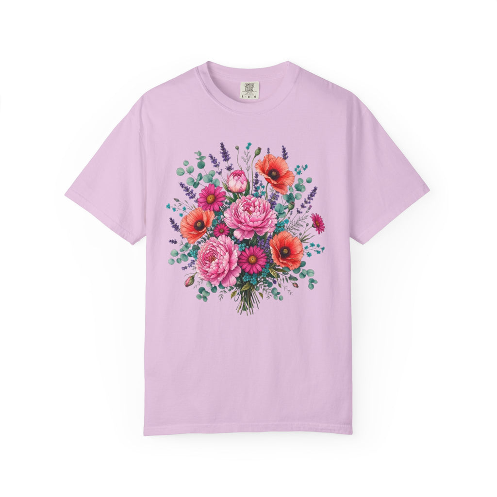 Floral Bouquet T Shirt  Pink Peony and Poppy Garden Tee
