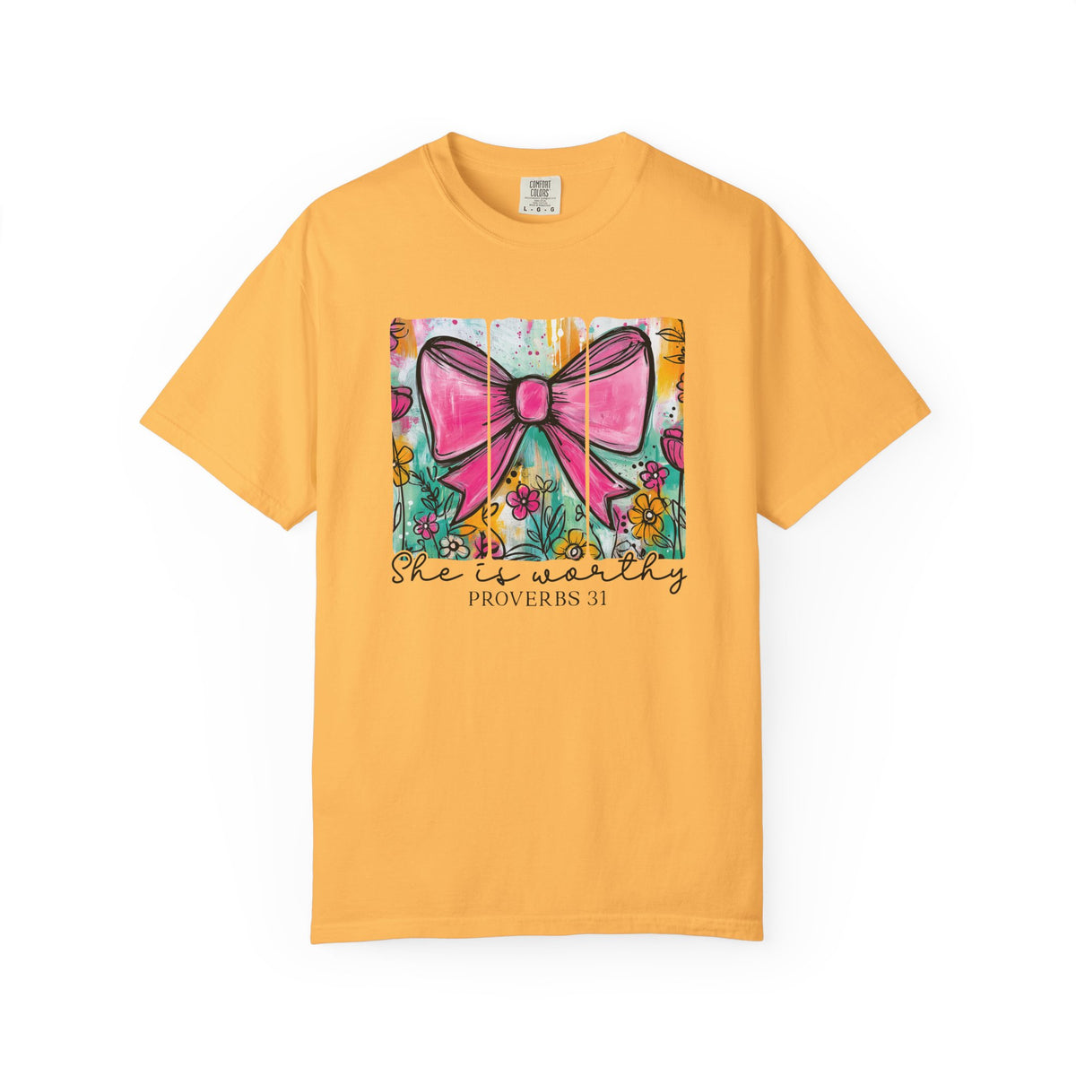 Pink Bow Floral Illustration Tee Shirt | She is Worthy Proverbs 31 Christian Tee