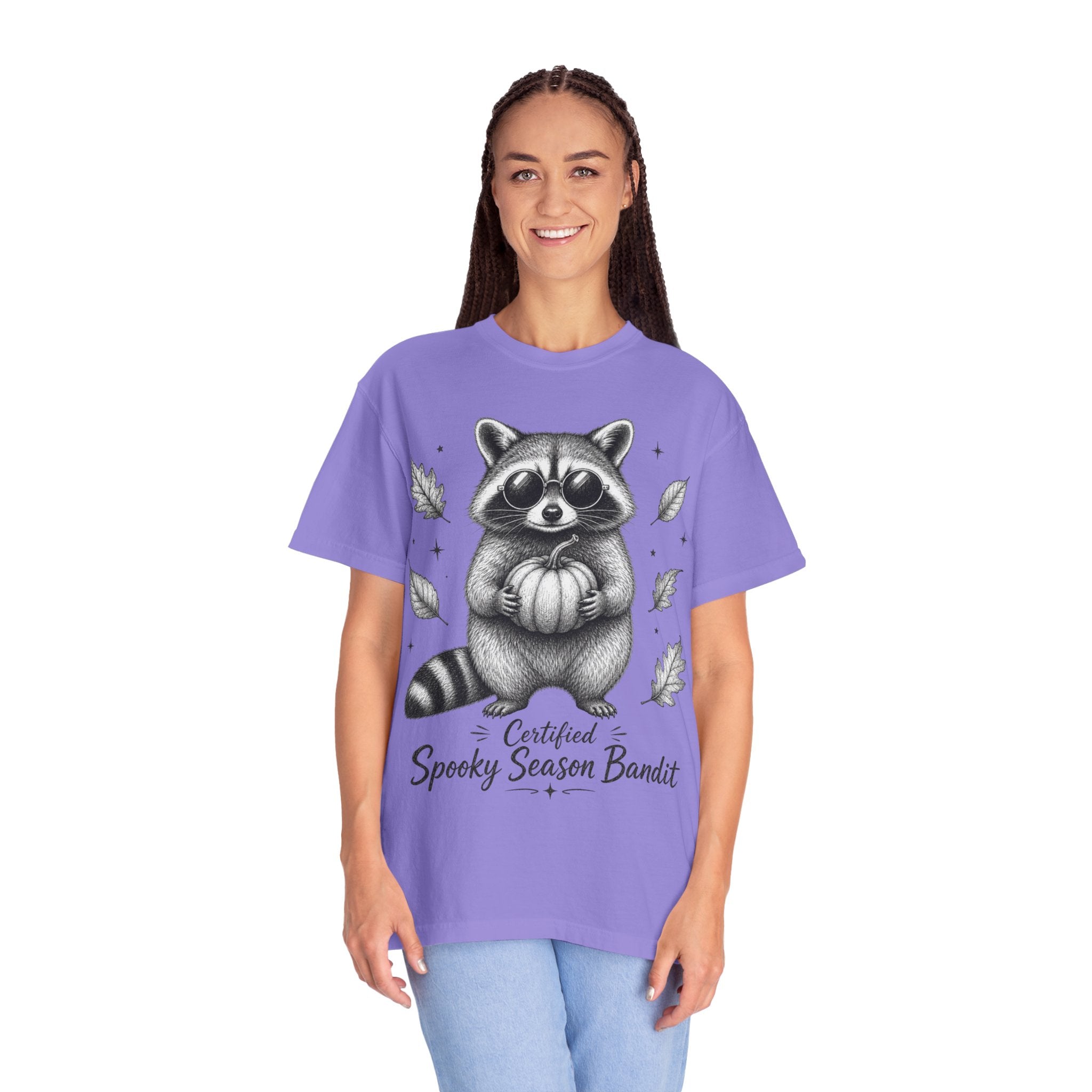 Spooky Season Bandit T Shirt Cute Raccoon Holding Pumpkin Fall Tee
